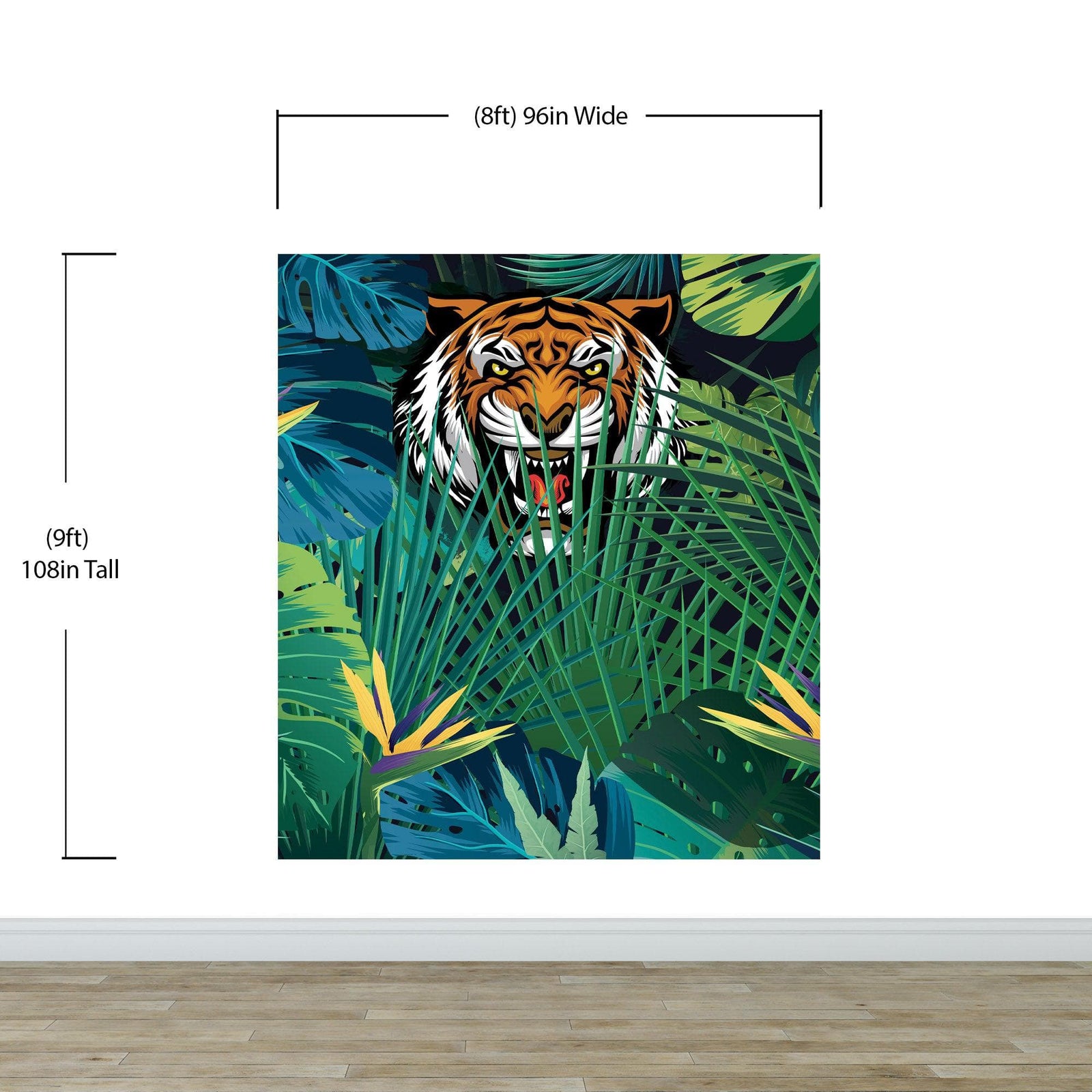 Mural de pared Tigre escondido tras las hojas de la jungla. Papel pintado autoadhesivo. Ilustración de vida salvaje de safari. #6351