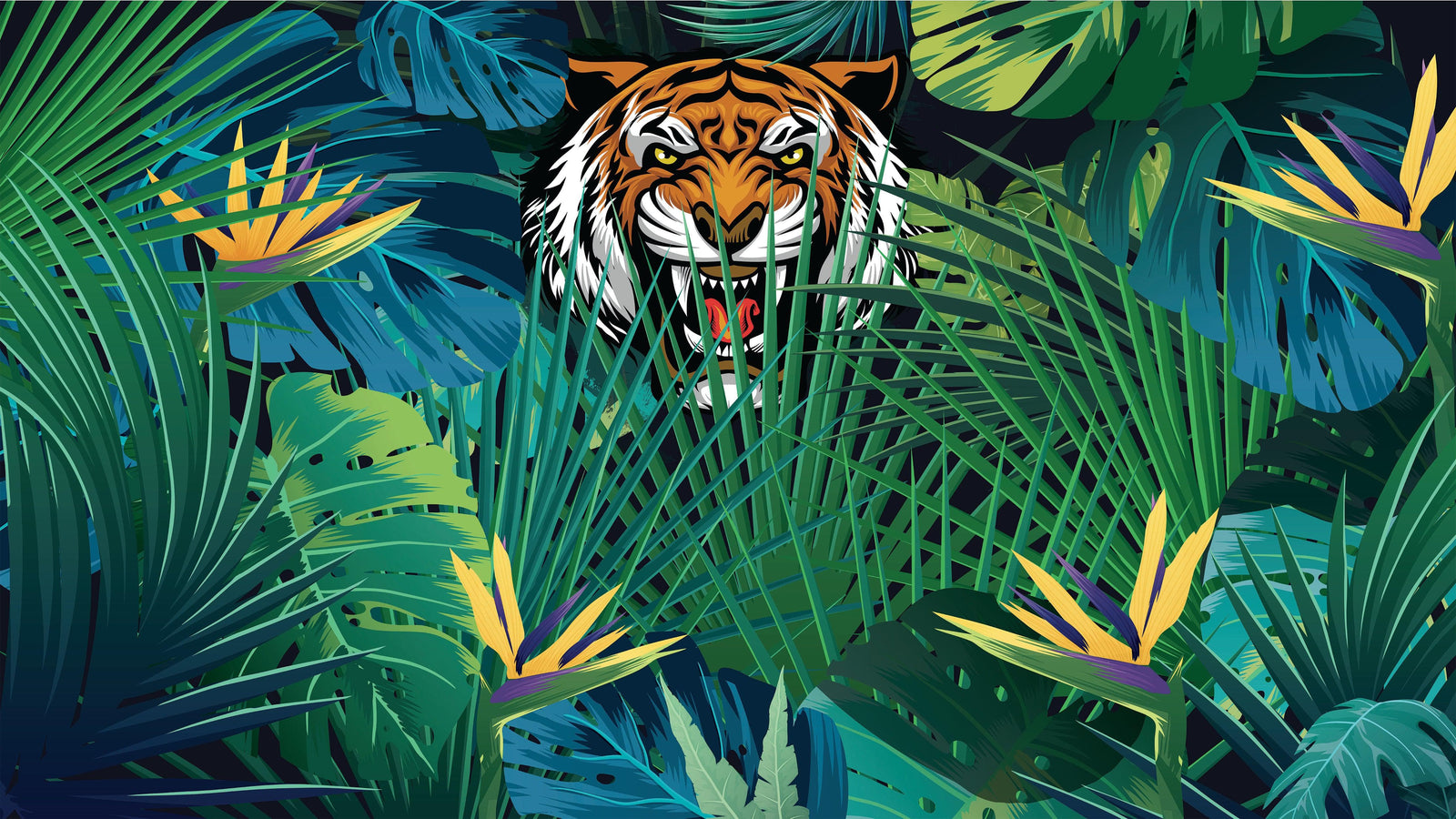 Mural de pared Tigre escondido tras las hojas de la jungla. Papel pintado autoadhesivo. Ilustración de vida salvaje de safari. #6351
