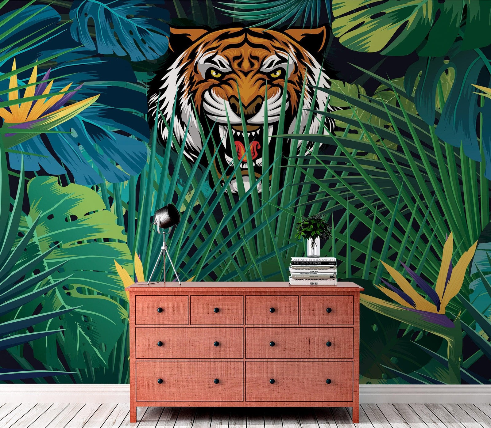 Mural de pared Tigre escondido tras las hojas de la jungla. Papel pintado autoadhesivo. Ilustración de vida salvaje de safari. #6351