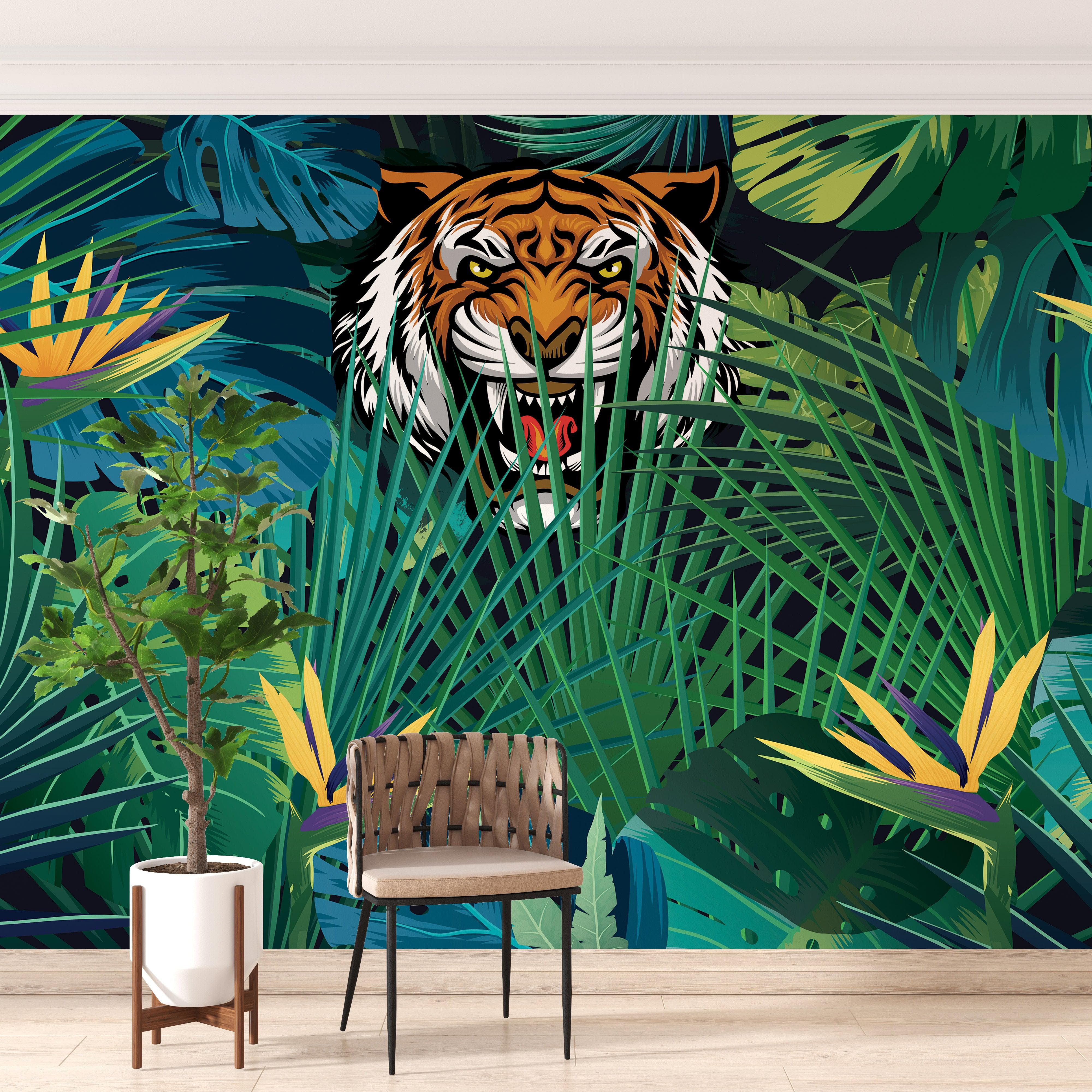Mural de pared Tigre escondido tras las hojas de la jungla. Papel pintado autoadhesivo. Ilustración de vida salvaje de safari. #6351