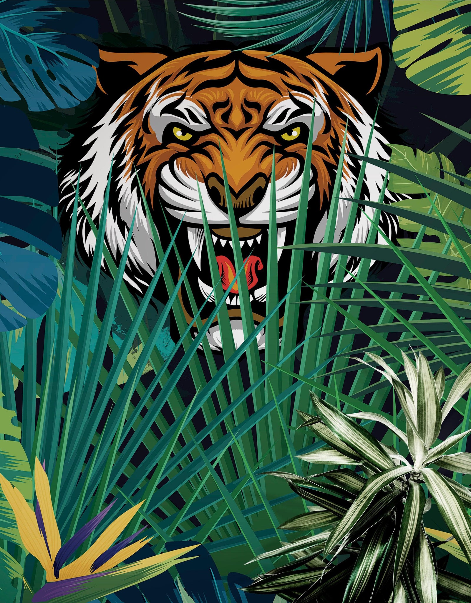 Mural de pared Tigre escondido tras las hojas de la jungla. Papel pintado autoadhesivo. Ilustración de vida salvaje de safari. #6351