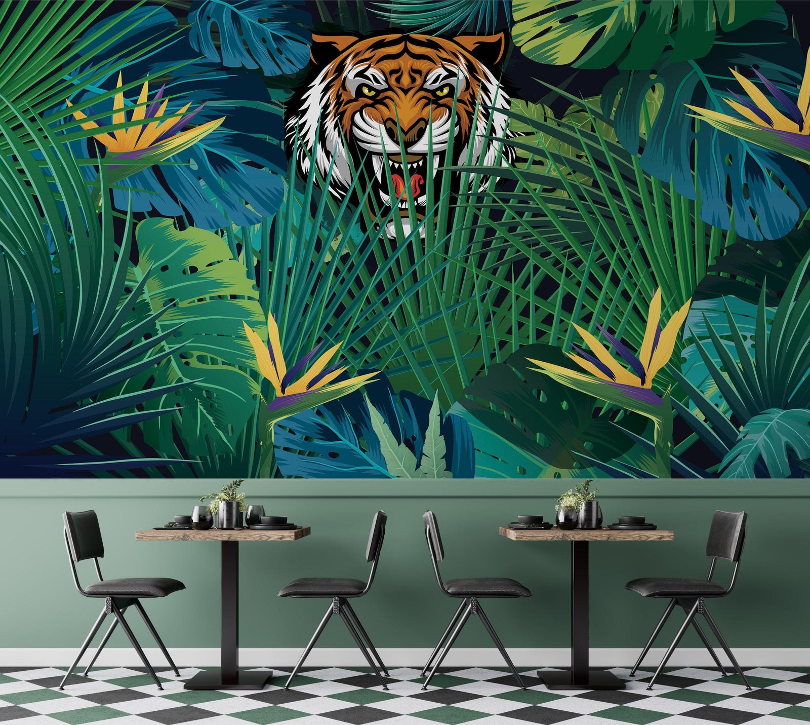 Mural de pared Tigre escondido tras las hojas de la jungla. Papel pintado autoadhesivo. Ilustración de vida salvaje de safari. #6351