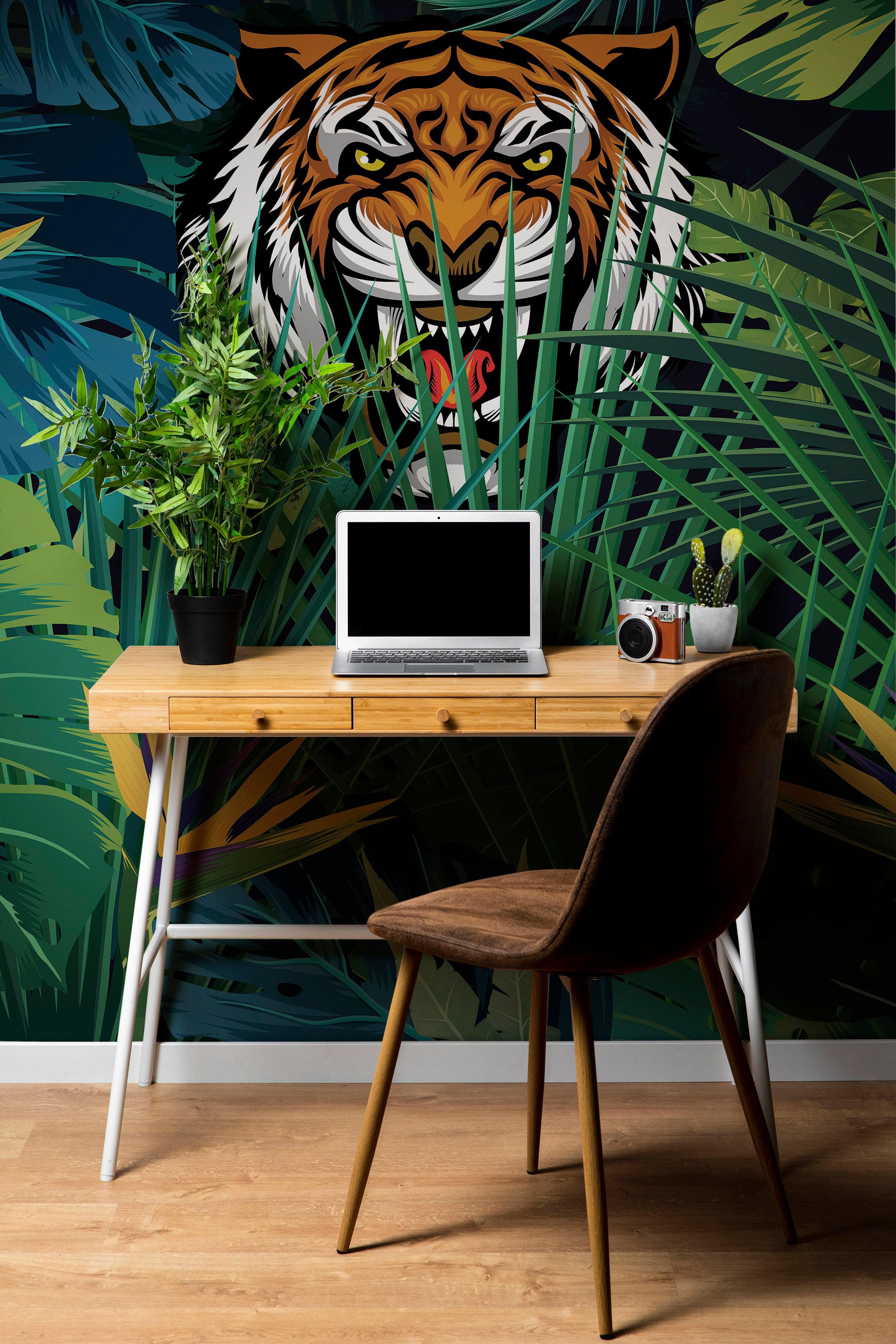 Mural de pared Tigre escondido tras las hojas de la jungla. Papel pintado autoadhesivo. Ilustración de vida salvaje de safari. #6351