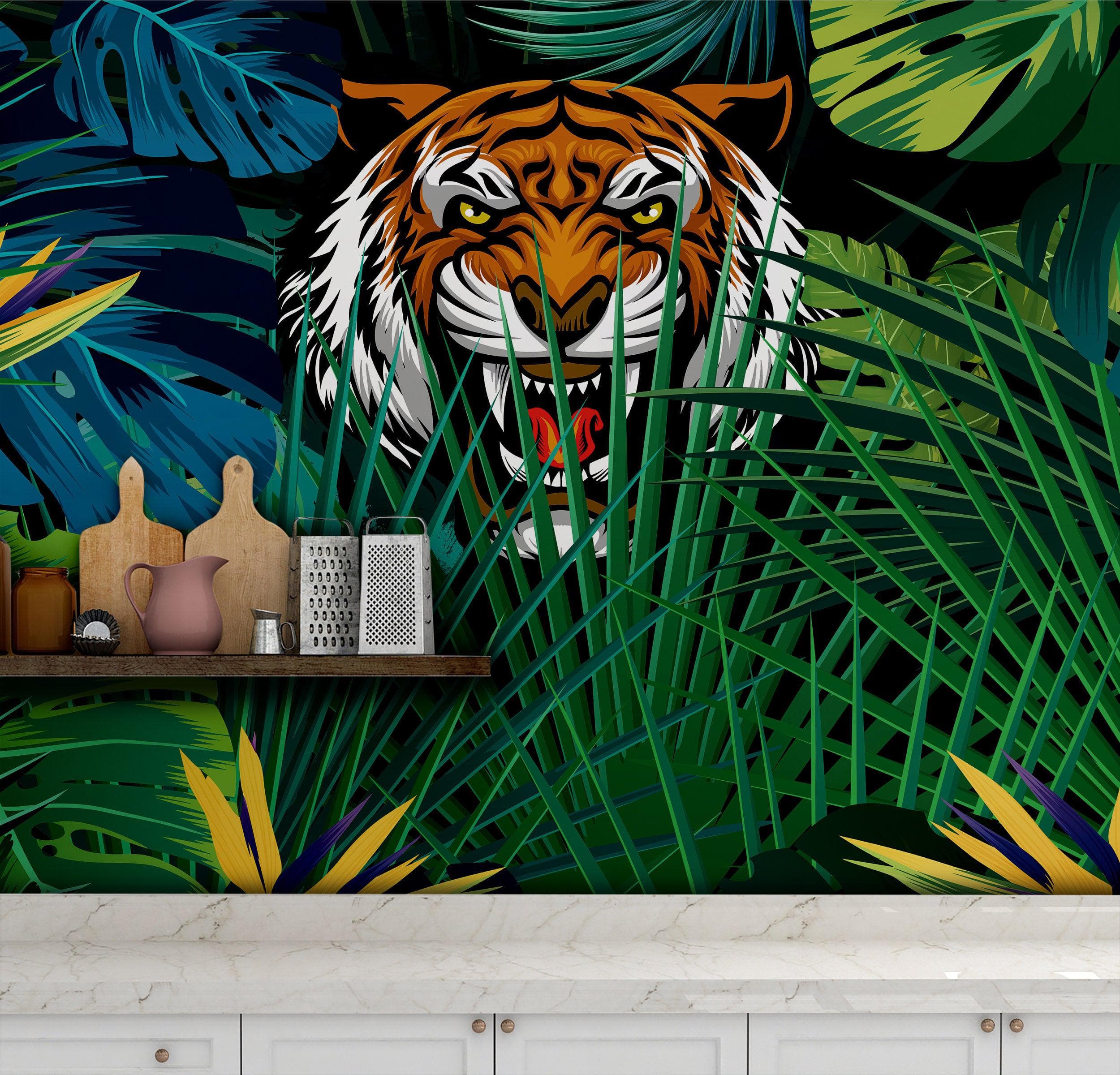 Mural de pared Tigre escondido tras las hojas de la jungla. Papel pintado autoadhesivo. Ilustración de vida salvaje de safari. #6351