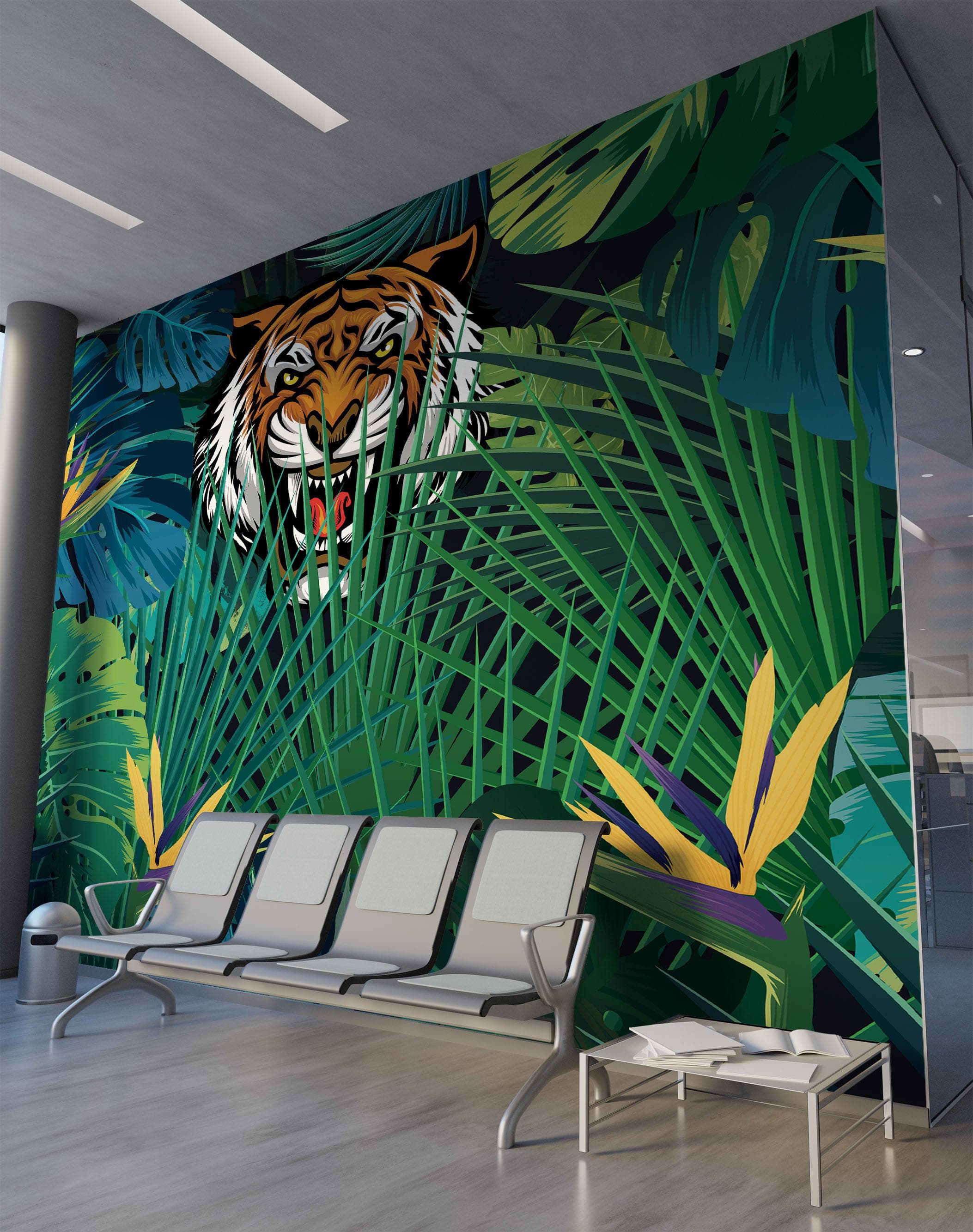 Mural de pared Tigre escondido tras las hojas de la jungla. Papel pintado autoadhesivo. Ilustración de vida salvaje de safari. #6351