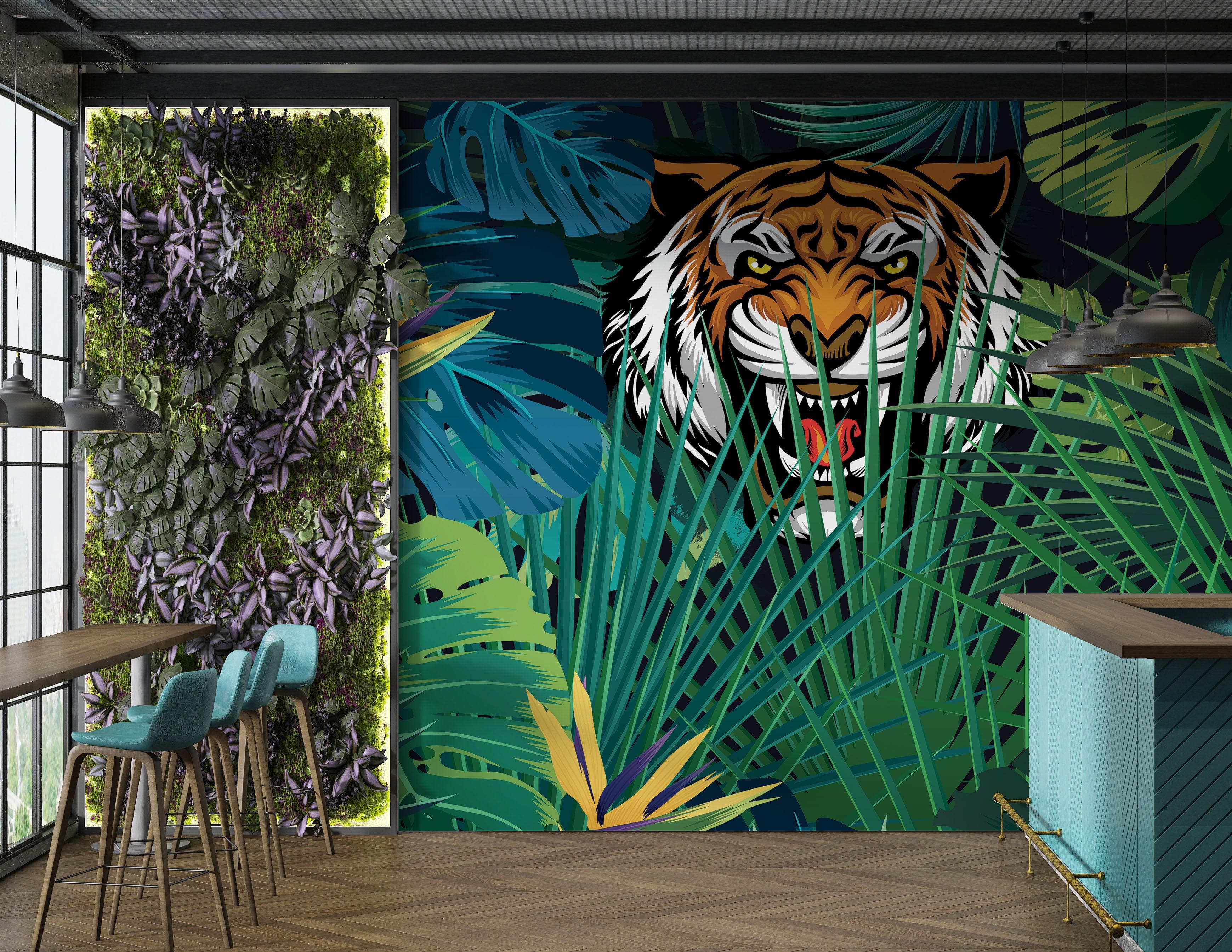 Mural de pared Tigre escondido tras las hojas de la jungla. Papel pintado autoadhesivo. Ilustración de vida salvaje de safari. #6351