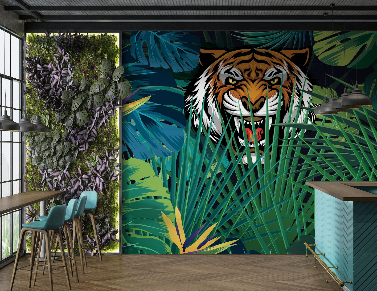 Mural de pared Tigre escondido tras las hojas de la jungla. Papel pintado autoadhesivo. Ilustración de vida salvaje de safari. #6351