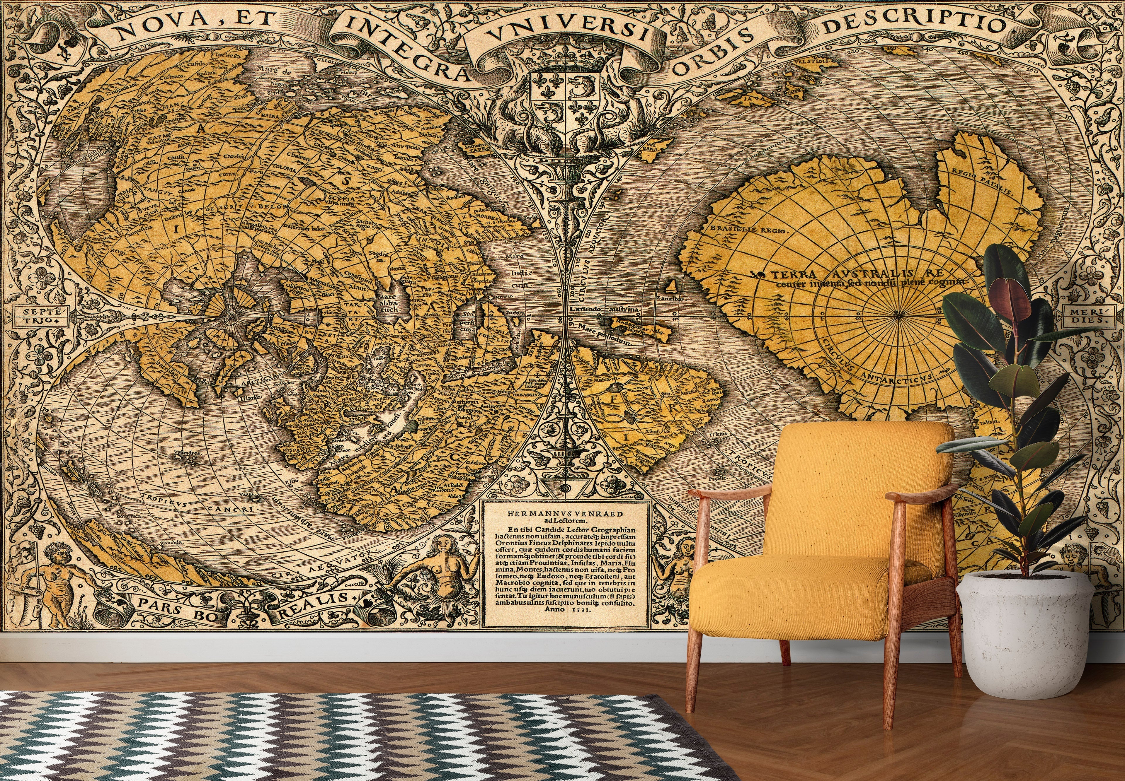 Fotomural de pared con mapa del mundo antiguo vintage. Noua, et integra uniuersi orbis descriptio (1531) de Oronce Finé. #6352