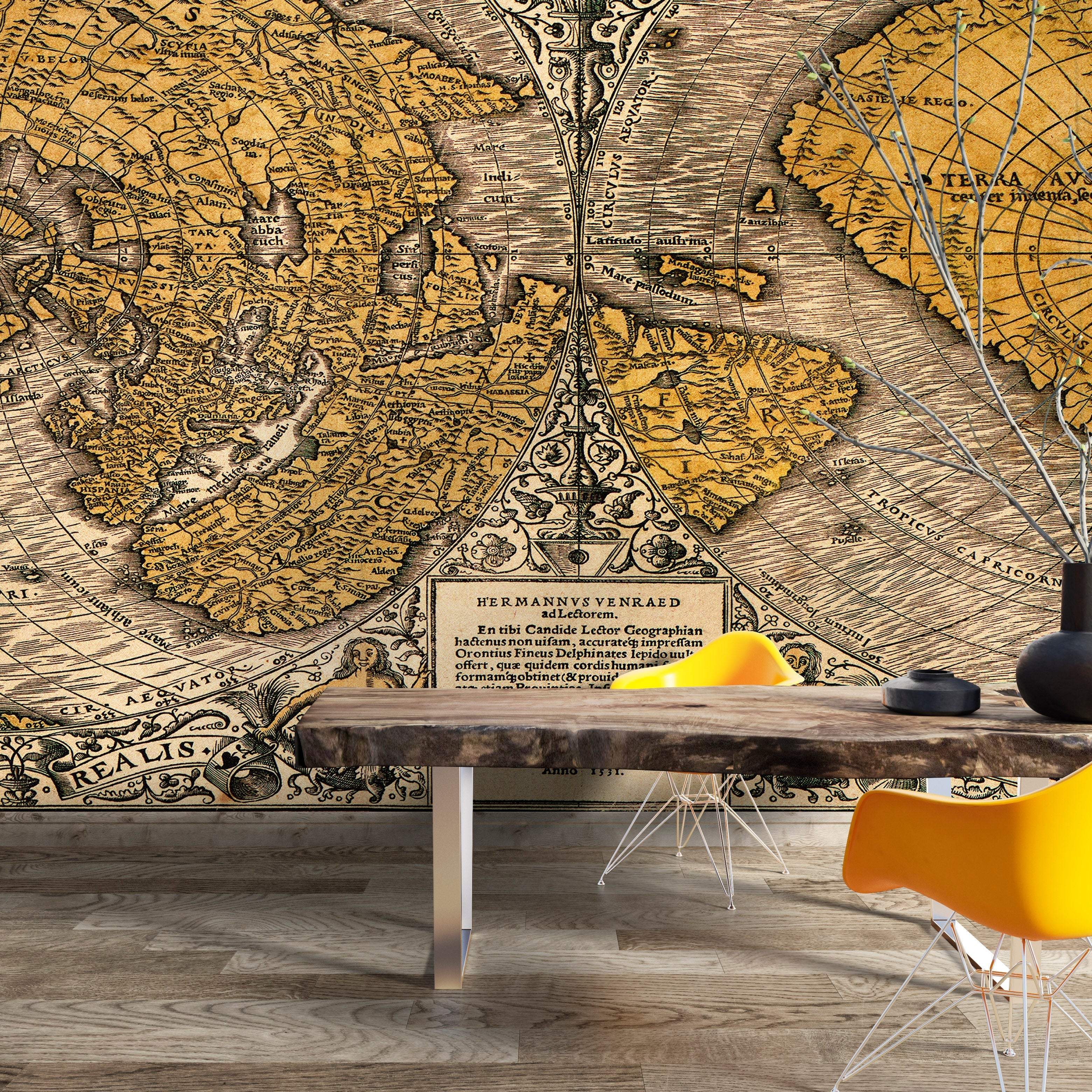 Fotomural de pared con mapa del mundo antiguo vintage. Noua, et integra uniuersi orbis descriptio (1531) de Oronce Finé. #6352
