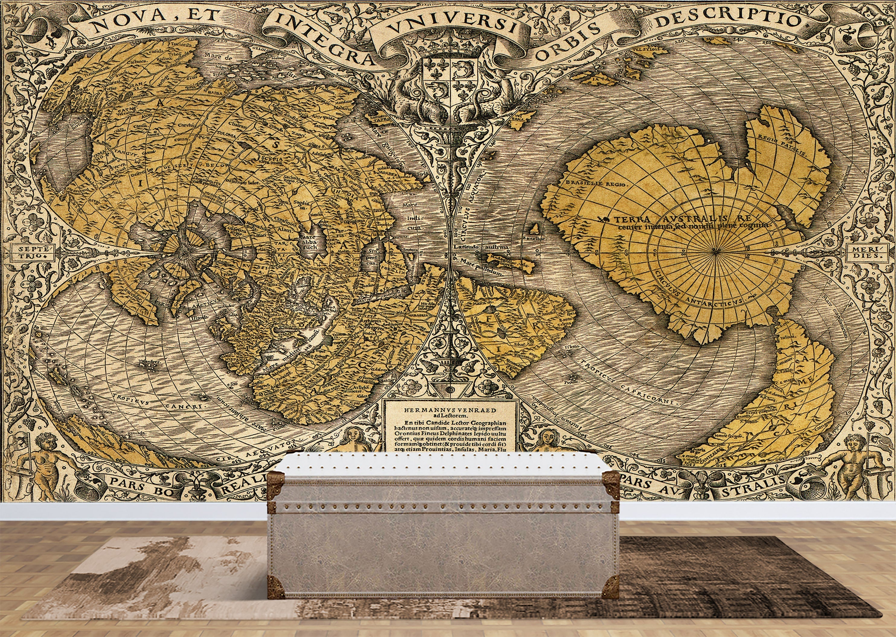 Fotomural de pared con mapa del mundo antiguo vintage. Noua, et integra uniuersi orbis descriptio (1531) de Oronce Finé. #6352