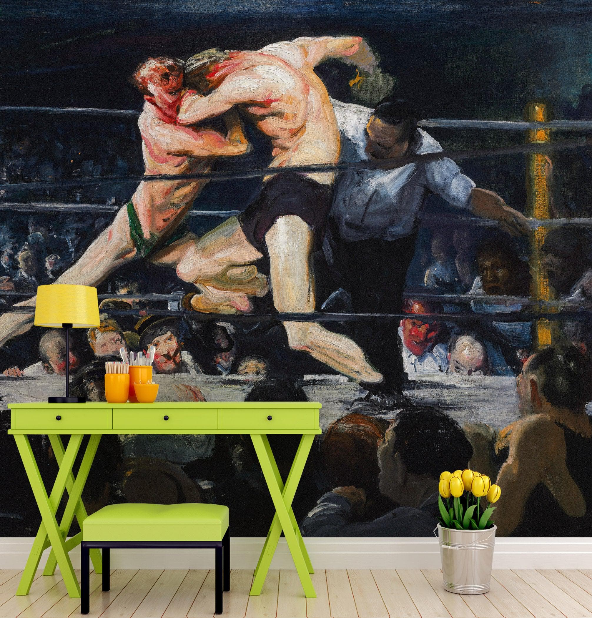 Mural de pared con pintura de combate de boxeo. Ciervo en Sharkey's (1909), cuadro de George Wesley Bellows. #6353