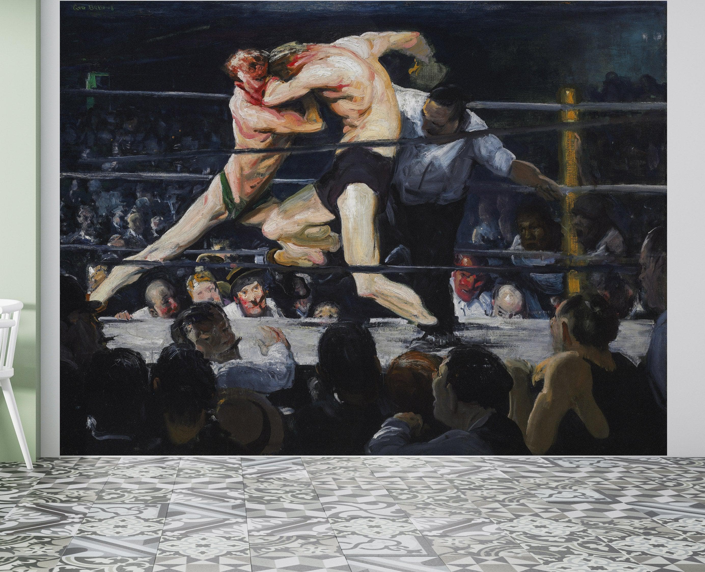 Mural de pared con pintura de combate de boxeo. Ciervo en Sharkey's (1909), cuadro de George Wesley Bellows. #6353