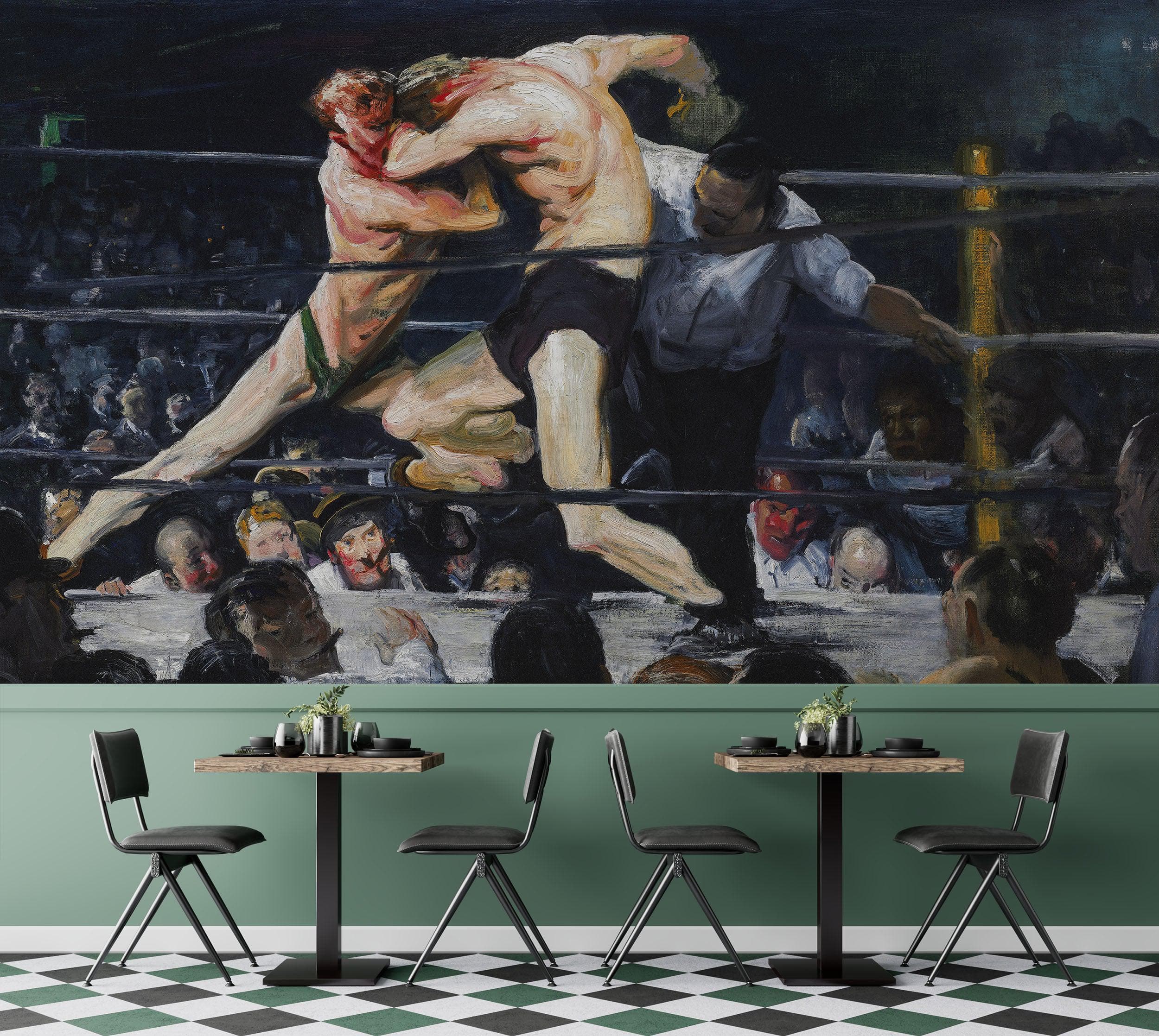 Mural de pared con pintura de combate de boxeo. Ciervo en Sharkey's (1909), cuadro de George Wesley Bellows. #6353