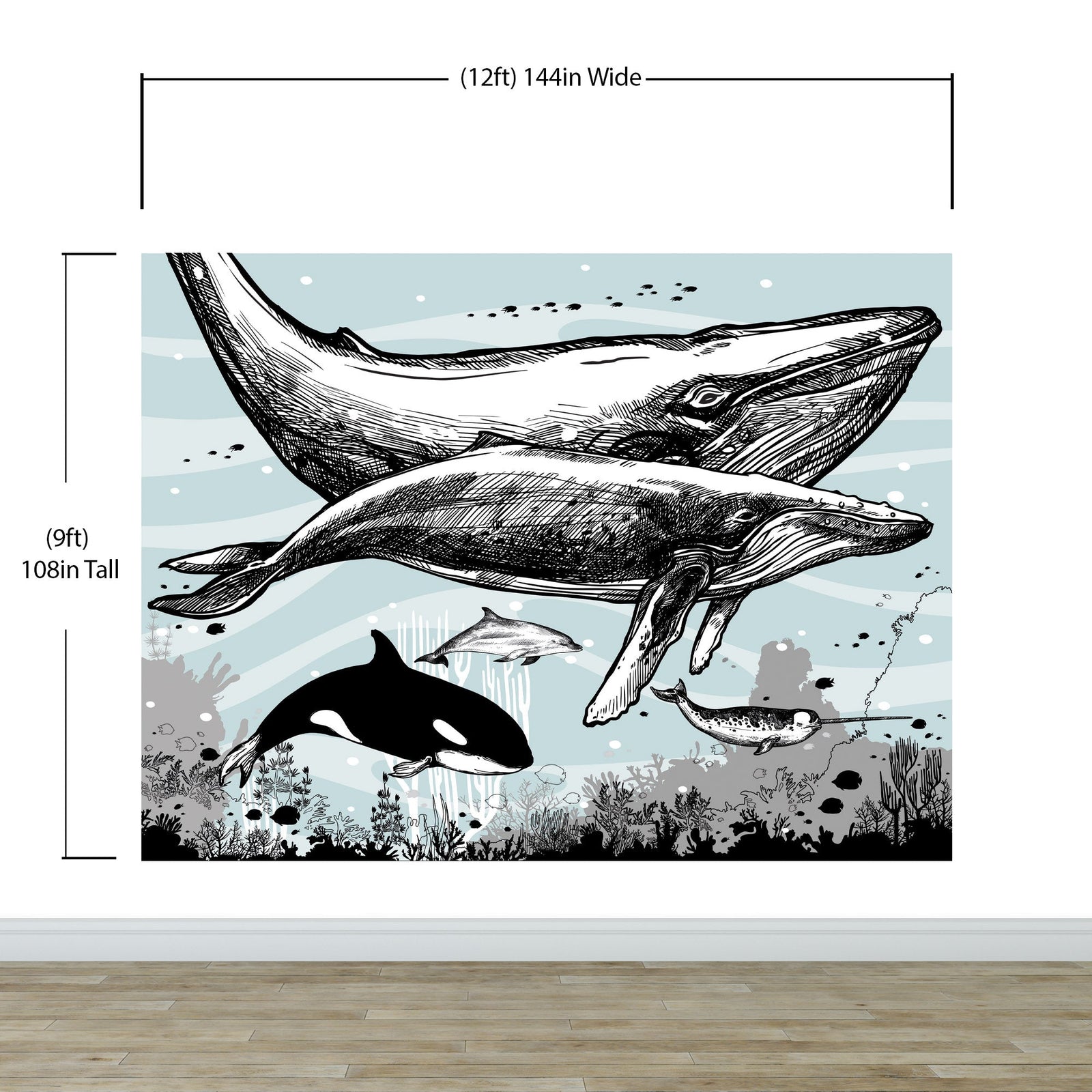 Mural de pared con ballena, delfín y orca. Diseño de dibujos de vida marina submarina. Mural de pared autoadhesivo. N.º 6354