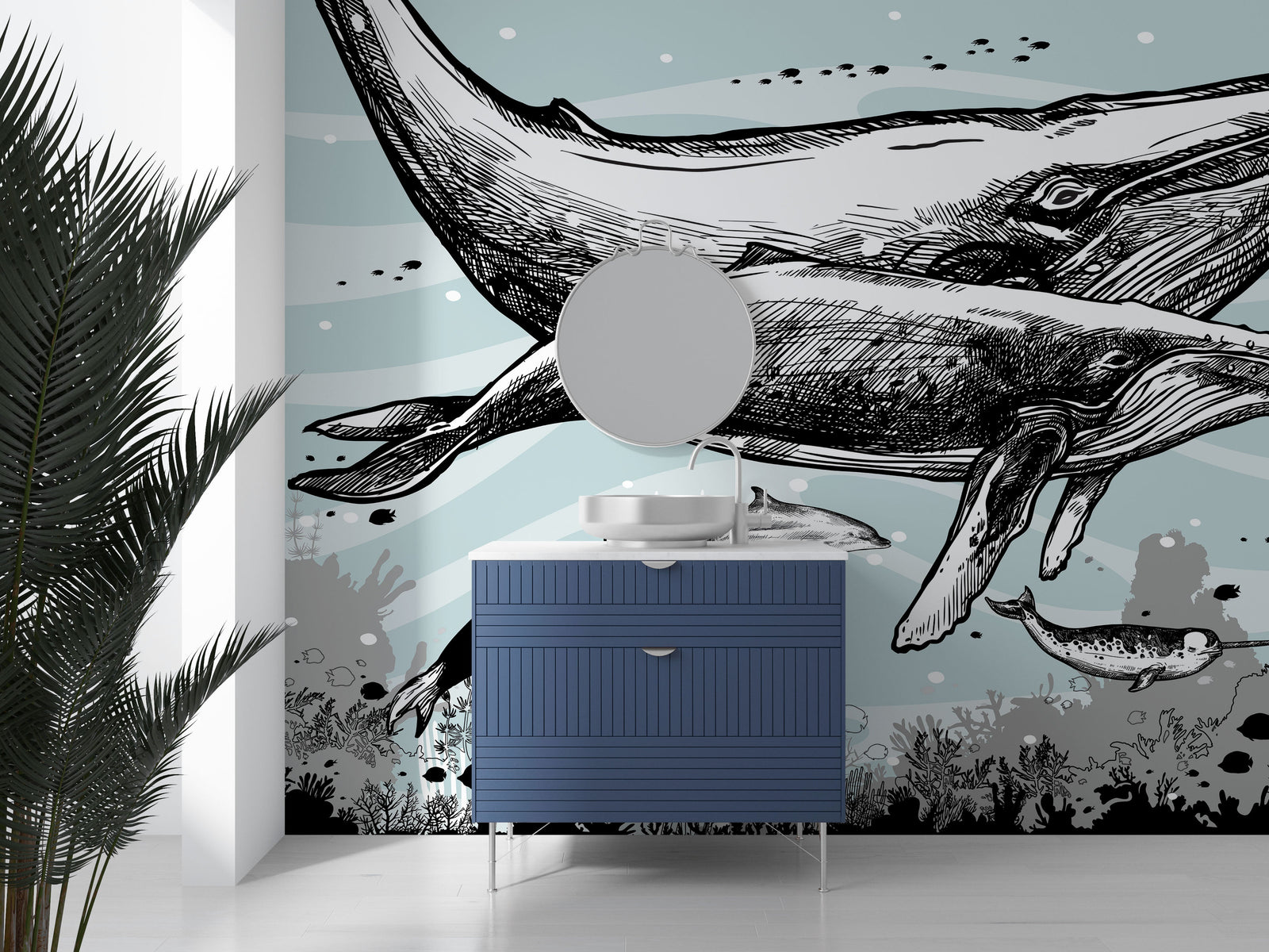 Mural de pared con ballena, delfín y orca. Diseño de dibujos de vida marina submarina. Mural de pared autoadhesivo. N.º 6354