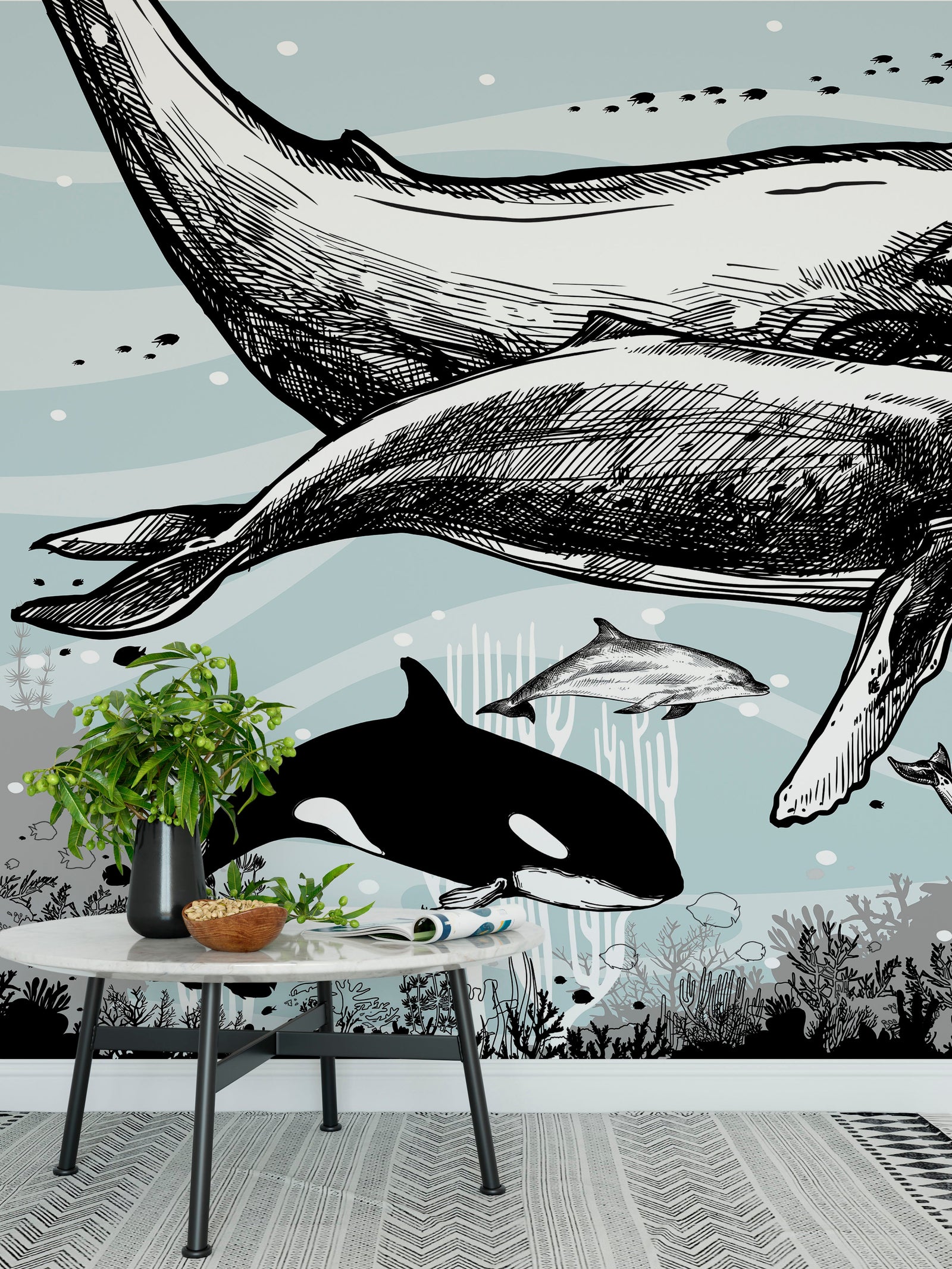 Mural de pared con ballena, delfín y orca. Diseño de dibujos de vida marina submarina. Mural de pared autoadhesivo. N.º 6354