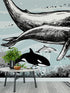 Mural de pared con ballena, delfín y orca. Diseño de dibujos de vida marina submarina. Mural de pared autoadhesivo. N.º 6354