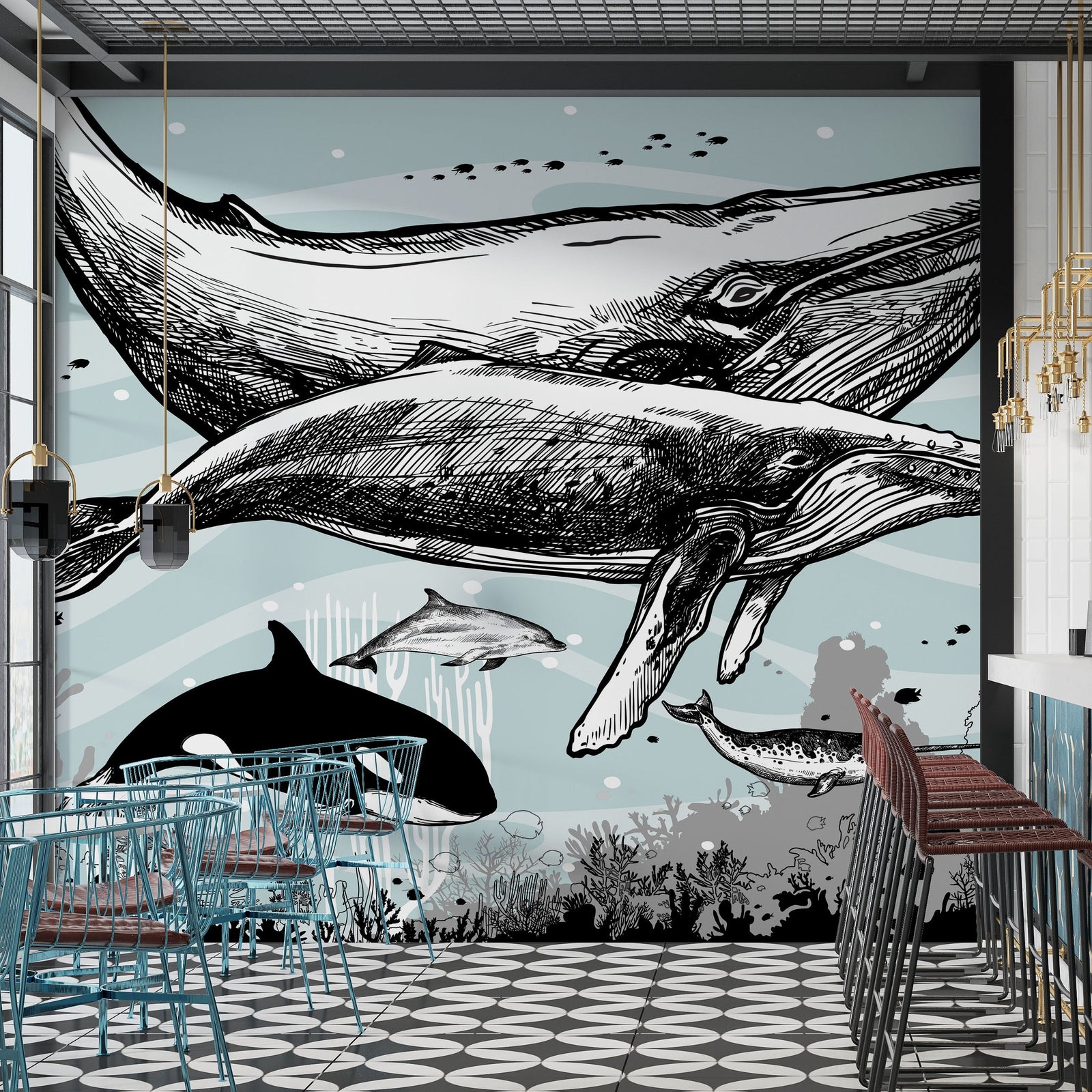 Mural de pared con ballena, delfín y orca. Diseño de dibujos de vida marina submarina. Mural de pared autoadhesivo. N.º 6354