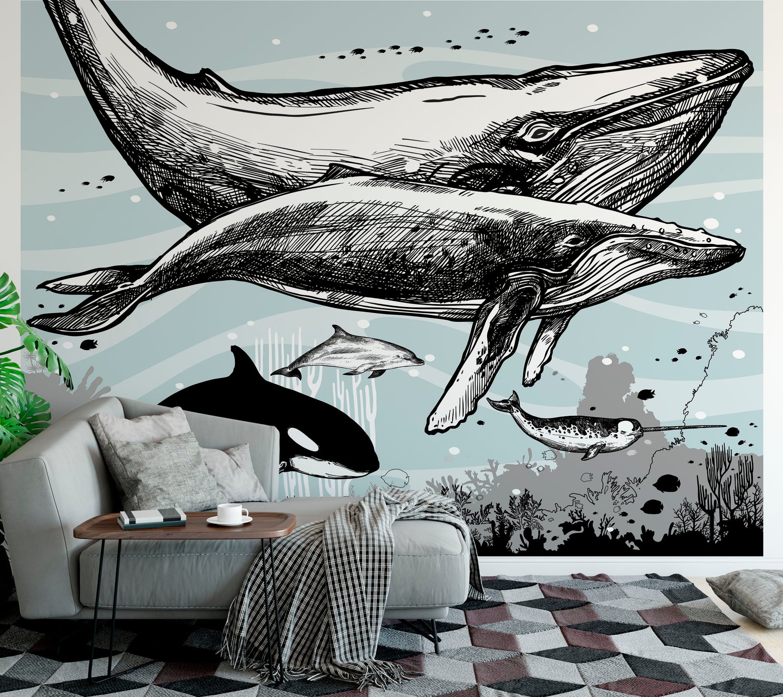 Mural de pared con ballena, delfín y orca. Diseño de dibujos de vida marina submarina. Mural de pared autoadhesivo. N.º 6354