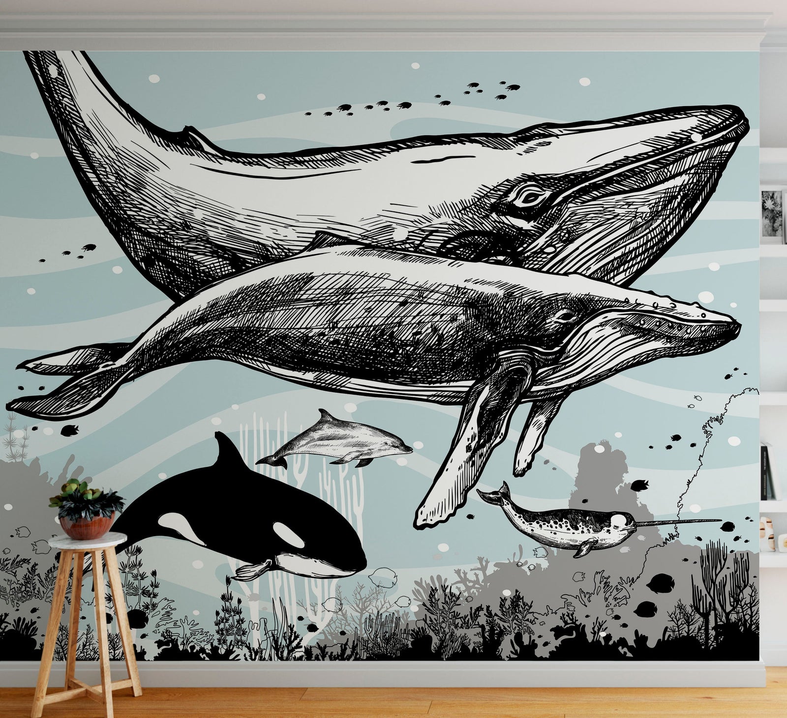 Mural de pared con ballena, delfín y orca. Diseño de dibujos de vida marina submarina. Mural de pared autoadhesivo. N.º 6354