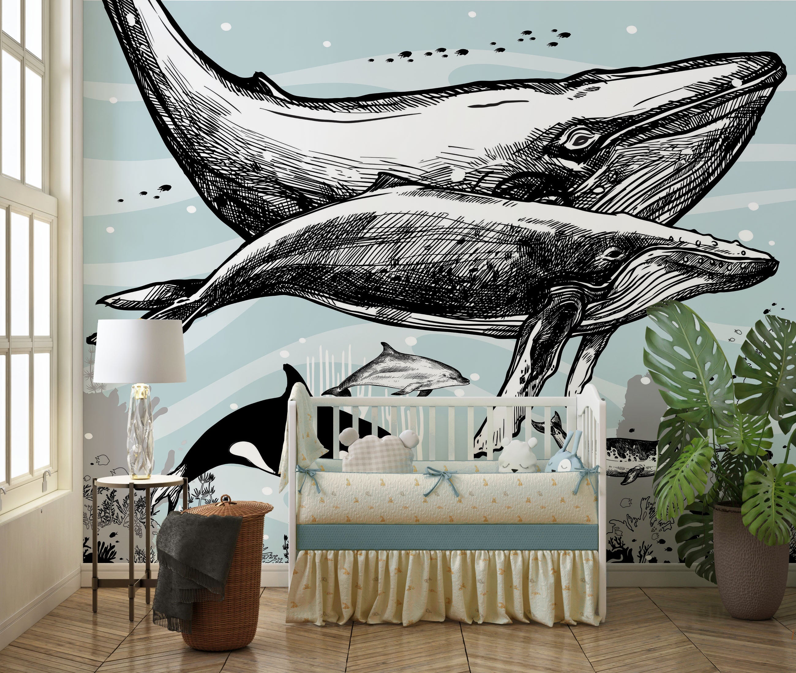 Mural de pared con ballena, delfín y orca. Diseño de dibujos de vida marina submarina. Mural de pared autoadhesivo. N.º 6354