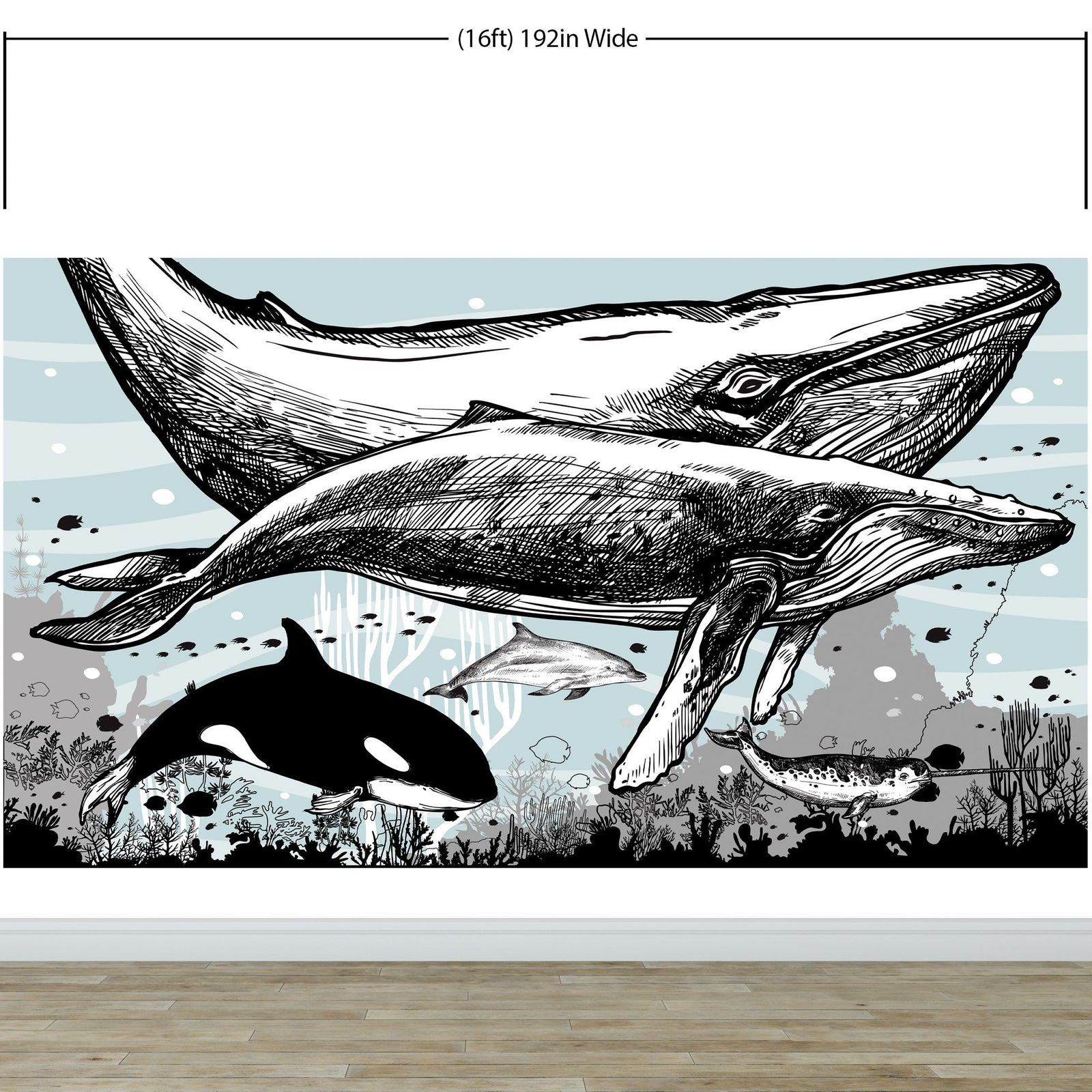 Mural de pared con ballena, delfín y orca. Diseño de dibujos de vida marina submarina. Mural de pared autoadhesivo. N.º 6354