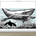 Mural de pared con ballena, delfín y orca. Diseño de dibujos de vida marina submarina. Mural de pared autoadhesivo. N.º 6354