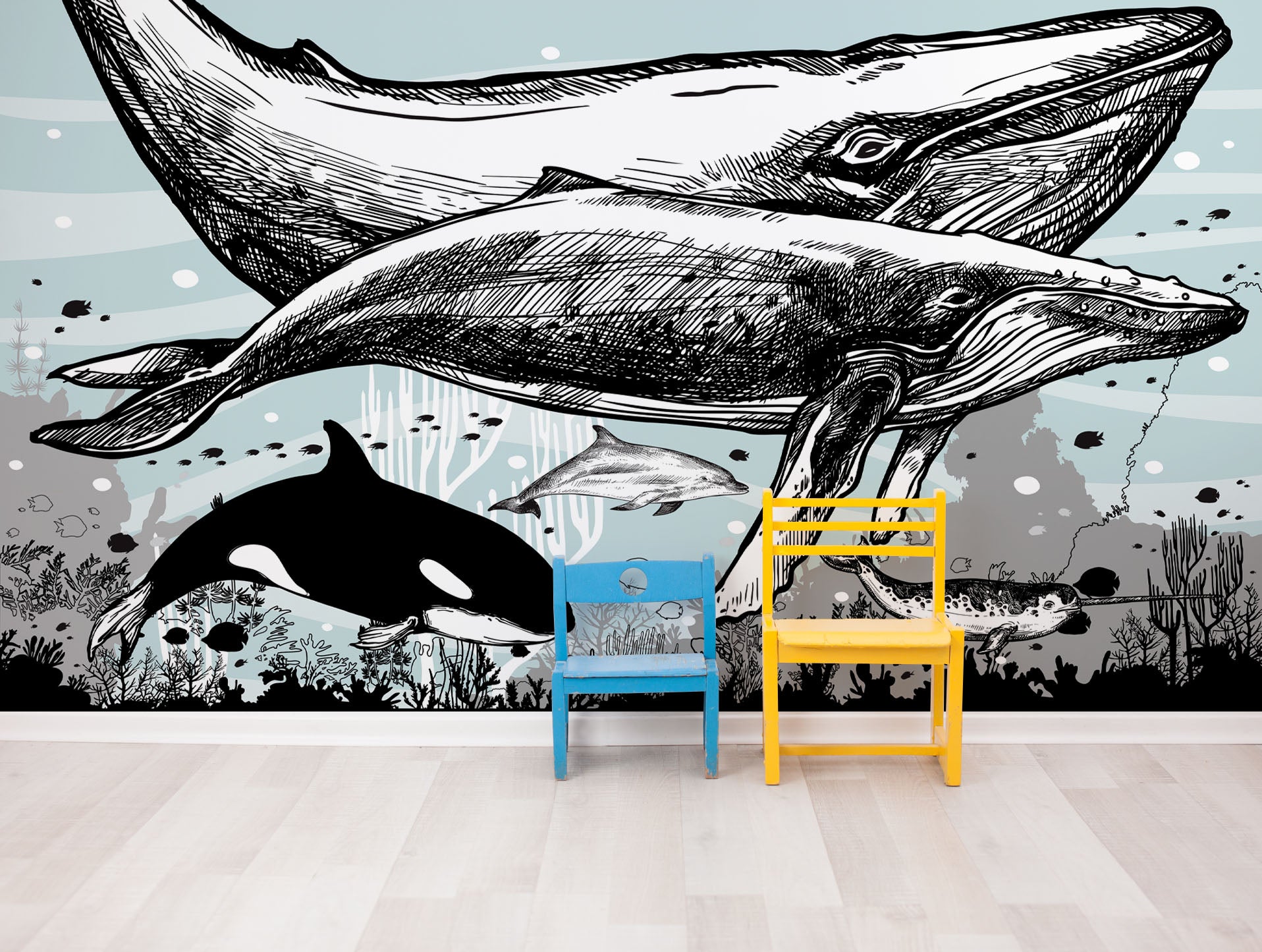 Mural de pared con ballena, delfín y orca. Diseño de dibujos de vida marina submarina. Mural de pared autoadhesivo. N.º 6354