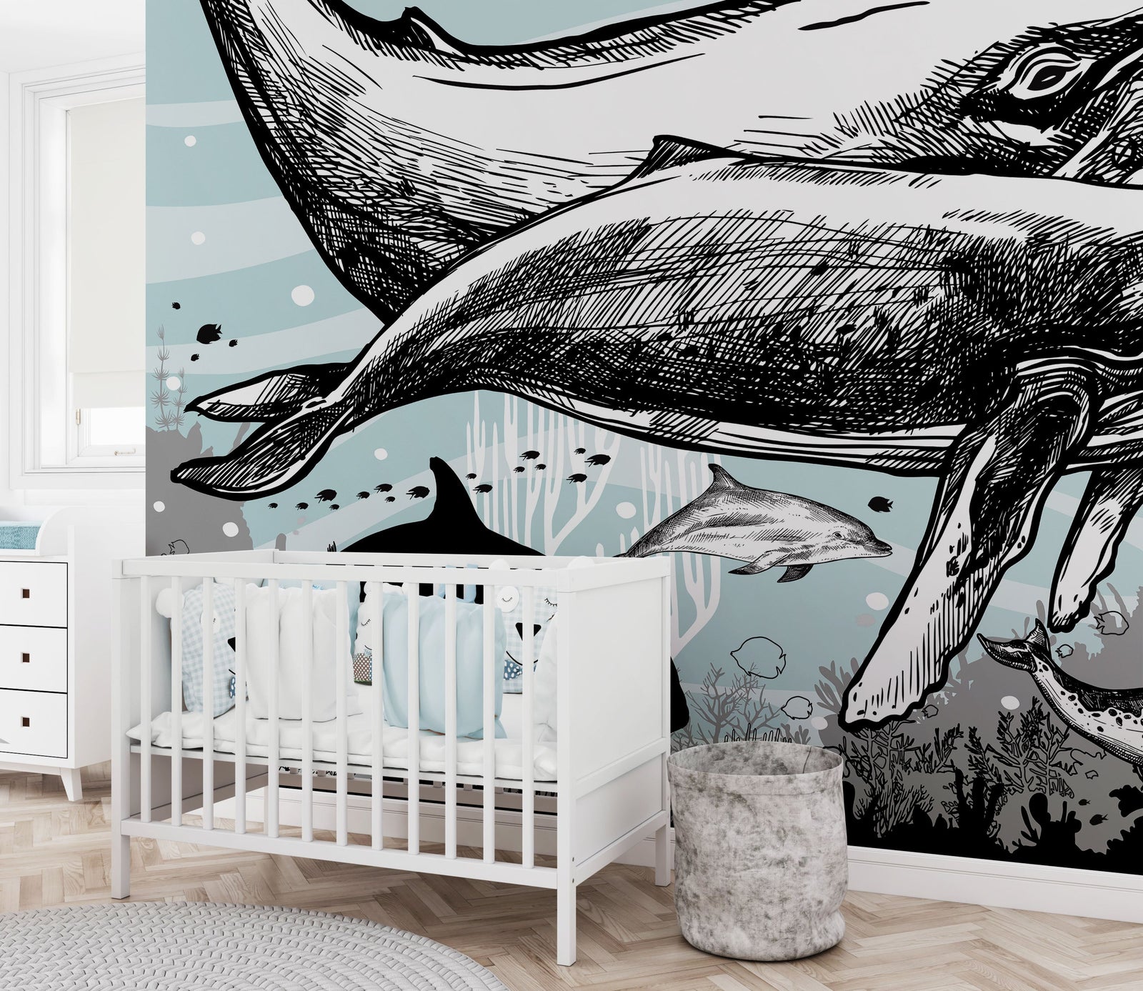 Mural de pared con ballena, delfín y orca. Diseño de dibujos de vida marina submarina. Mural de pared autoadhesivo. N.º 6354