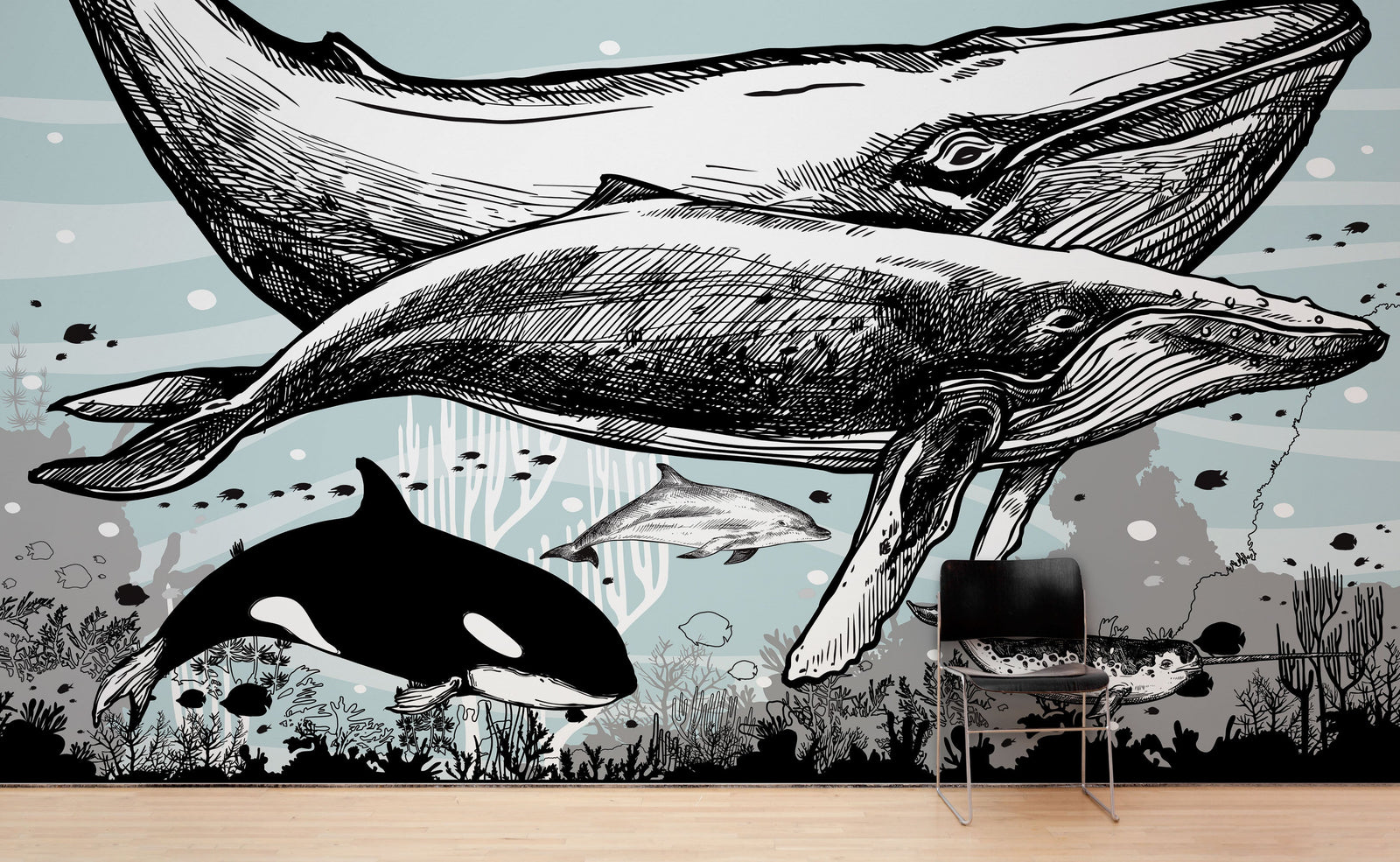 Mural de pared con ballena, delfín y orca. Diseño de dibujos de vida marina submarina. Mural de pared autoadhesivo. N.º 6354