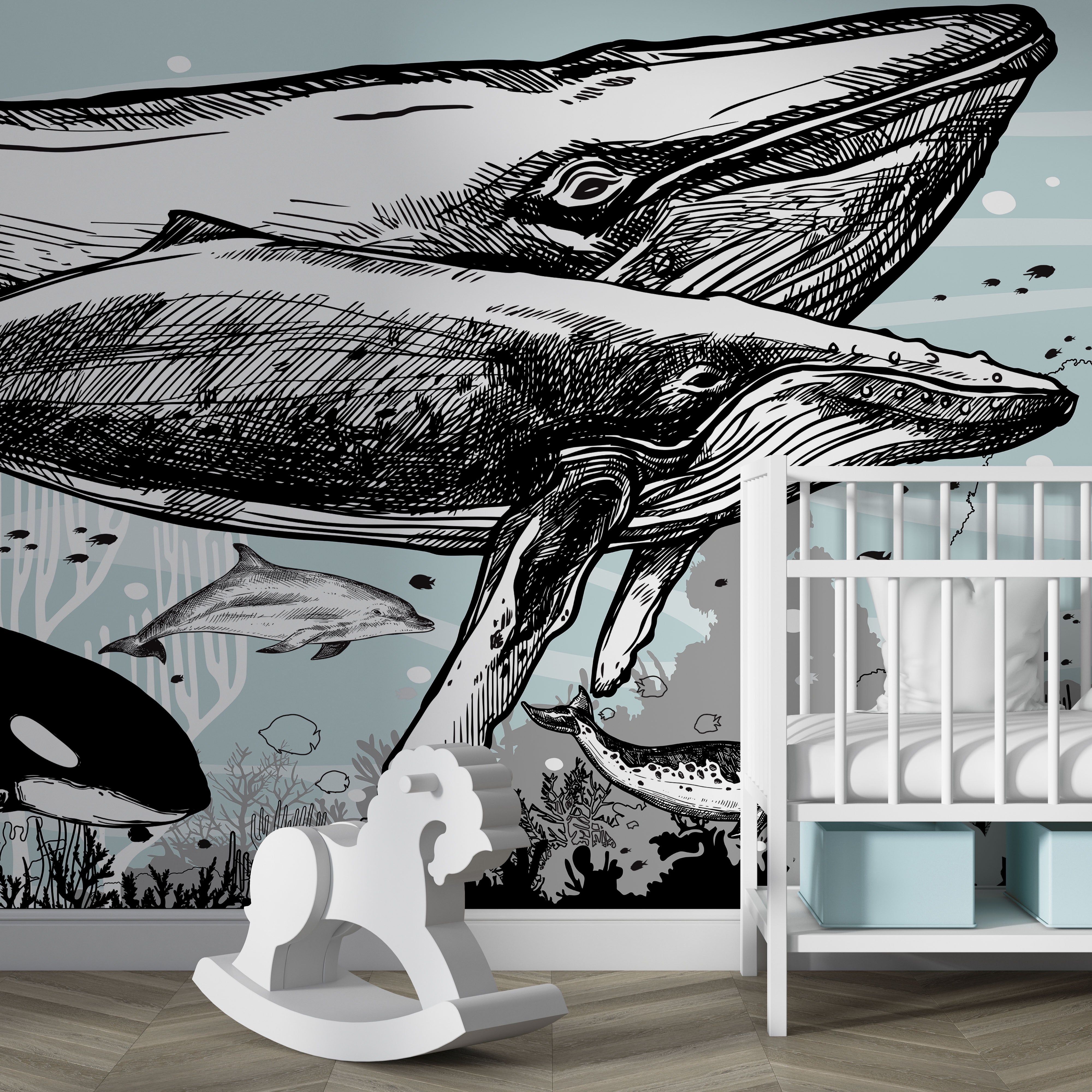 Mural de pared con ballena, delfín y orca. Diseño de dibujos de vida marina submarina. Mural de pared autoadhesivo. N.º 6354