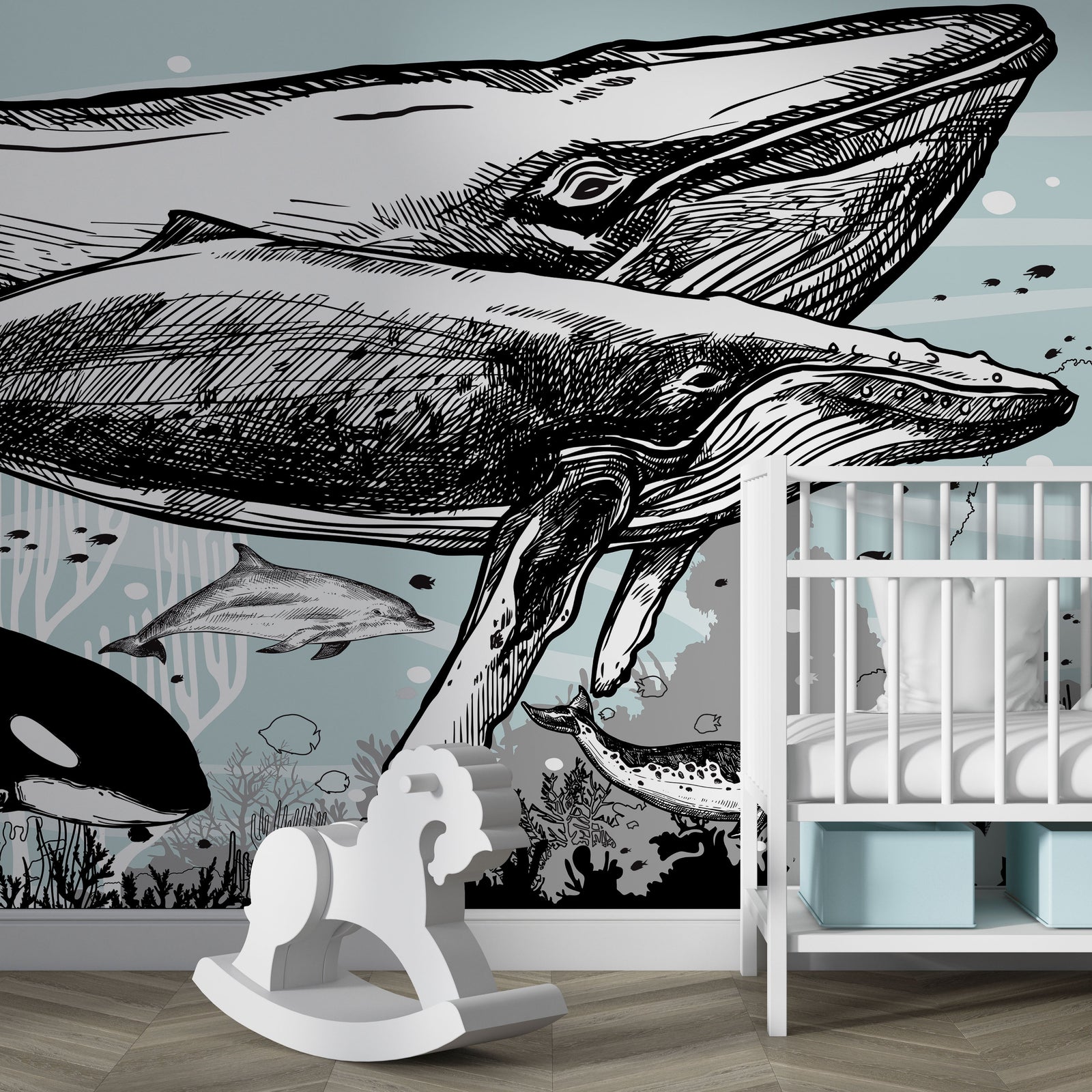 Mural de pared con ballena, delfín y orca. Diseño de dibujos de vida marina submarina. Mural de pared autoadhesivo. N.º 6354