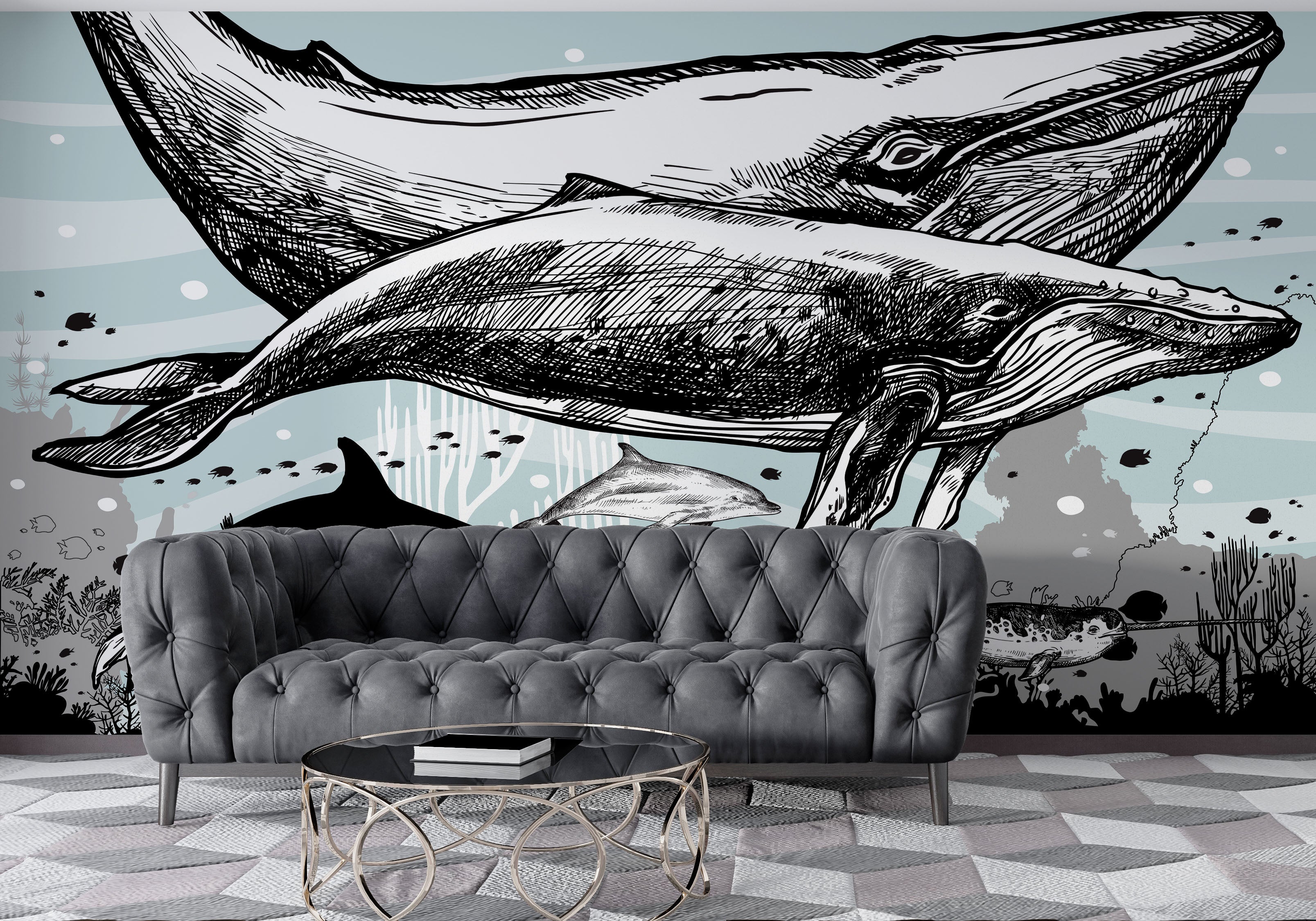 Mural de pared con ballena, delfín y orca. Diseño de dibujos de vida marina submarina. Mural de pared autoadhesivo. N.º 6354