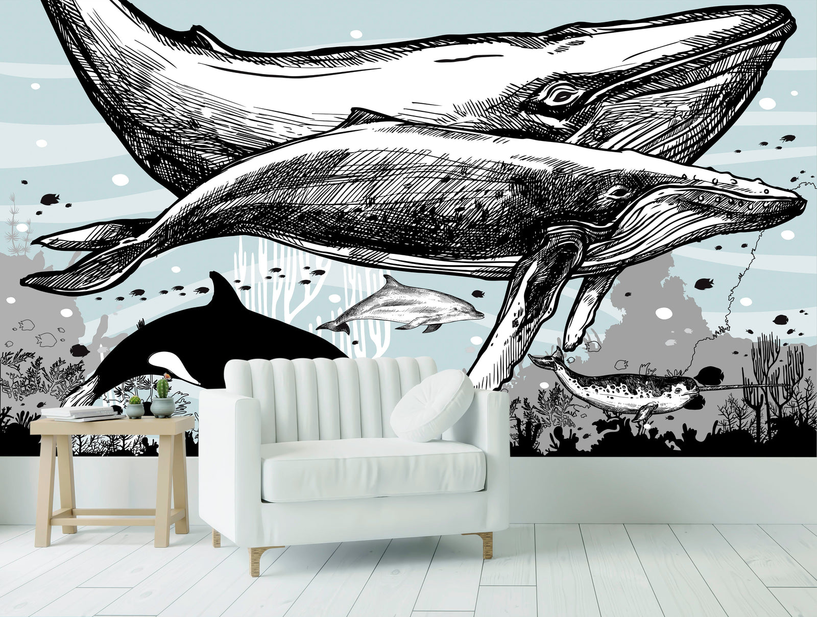 Mural de pared con ballena, delfín y orca. Diseño de dibujos de vida marina submarina. Mural de pared autoadhesivo. N.º 6354