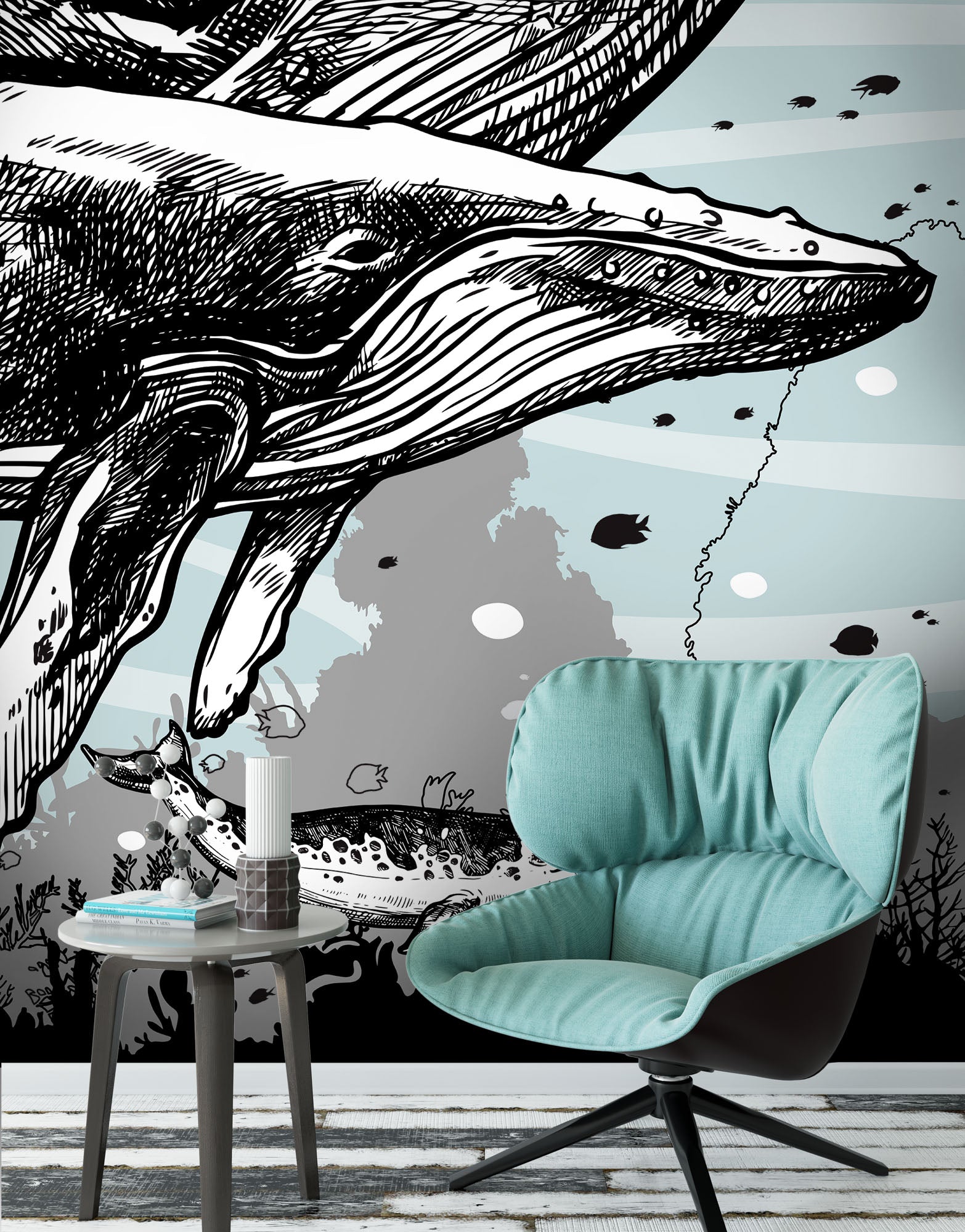 Mural de pared con ballena, delfín y orca. Diseño de dibujos de vida marina submarina. Mural de pared autoadhesivo. N.º 6354