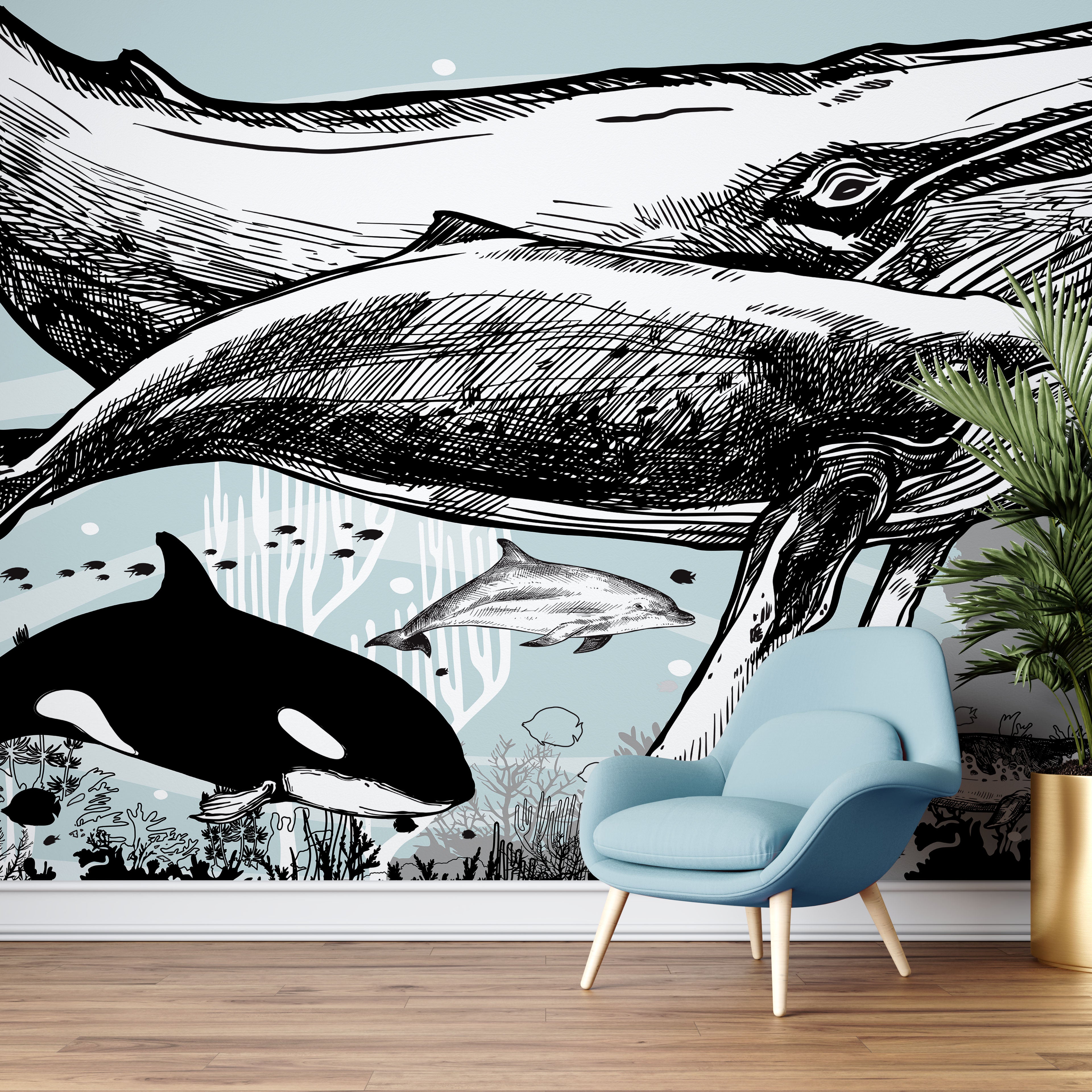 Mural de pared con ballena, delfín y orca. Diseño de dibujos de vida marina submarina. Mural de pared autoadhesivo. N.º 6354