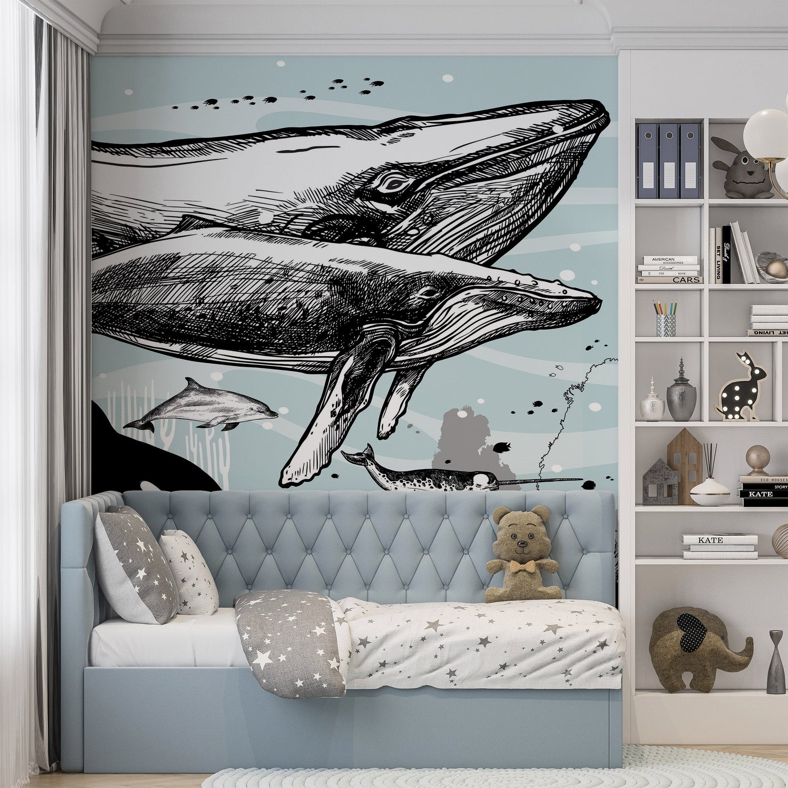 Mural de pared con ballena, delfín y orca. Diseño de dibujos de vida marina submarina. Mural de pared autoadhesivo. N.º 6354