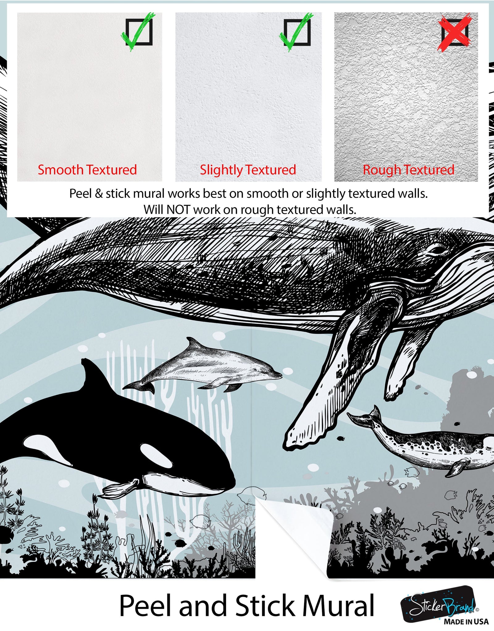 Mural de pared con ballena, delfín y orca. Diseño de dibujos de vida marina submarina. Mural de pared autoadhesivo. N.º 6354