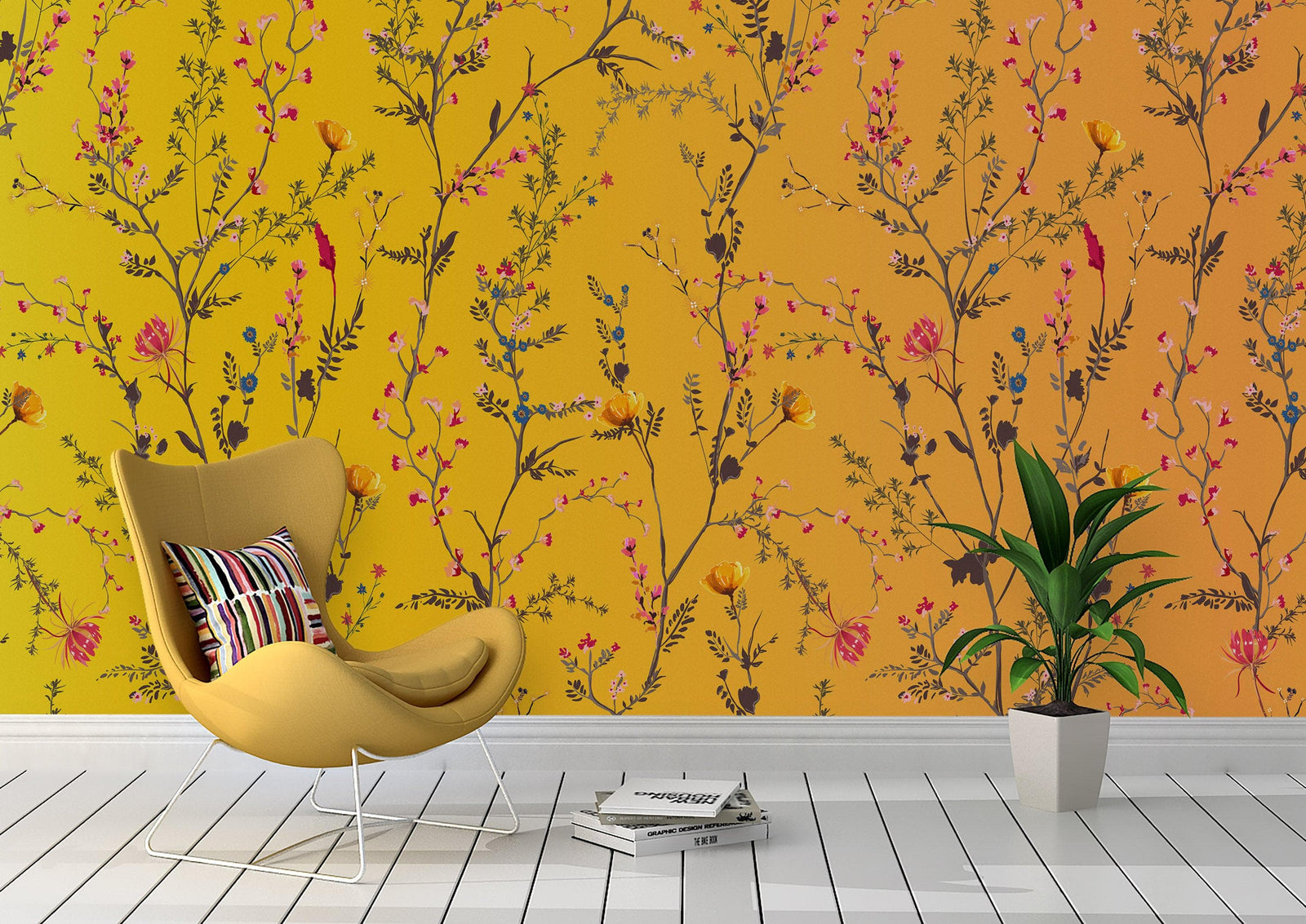 Mural de pared con jardín botánico de flores con fondo naranja amarillento. Decoración con flores en flor. #6355