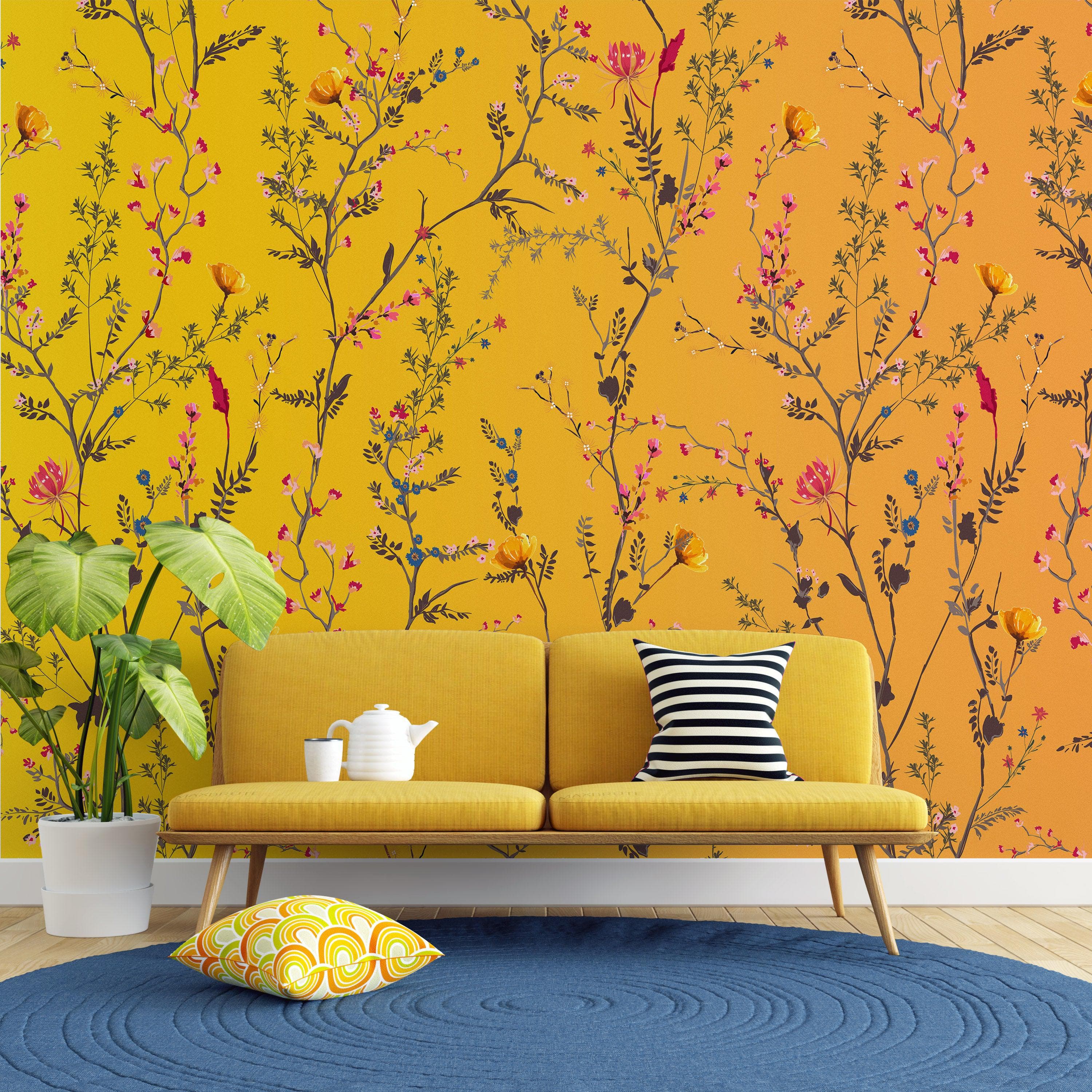 Mural de pared con jardín botánico de flores con fondo naranja amarillento. Decoración con flores en flor. #6355