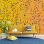 Mural de pared con jardín botánico de flores con fondo naranja amarillento. Decoración con flores en flor. #6355