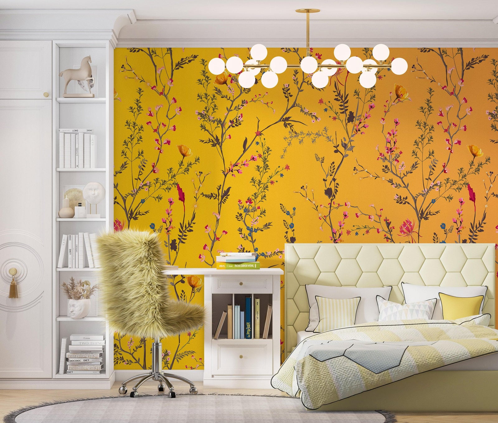 Mural de pared con jardín botánico de flores con fondo naranja amarillento. Decoración con flores en flor. #6355