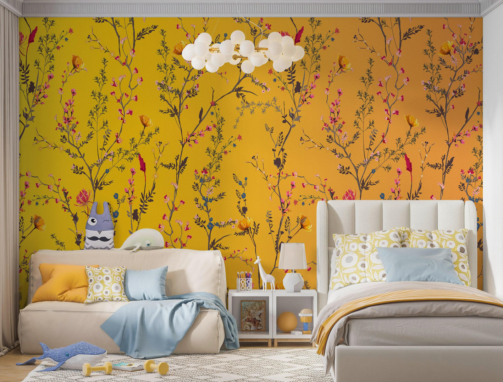 Mural de pared con jardín botánico de flores con fondo naranja amarillento. Decoración con flores en flor. #6355