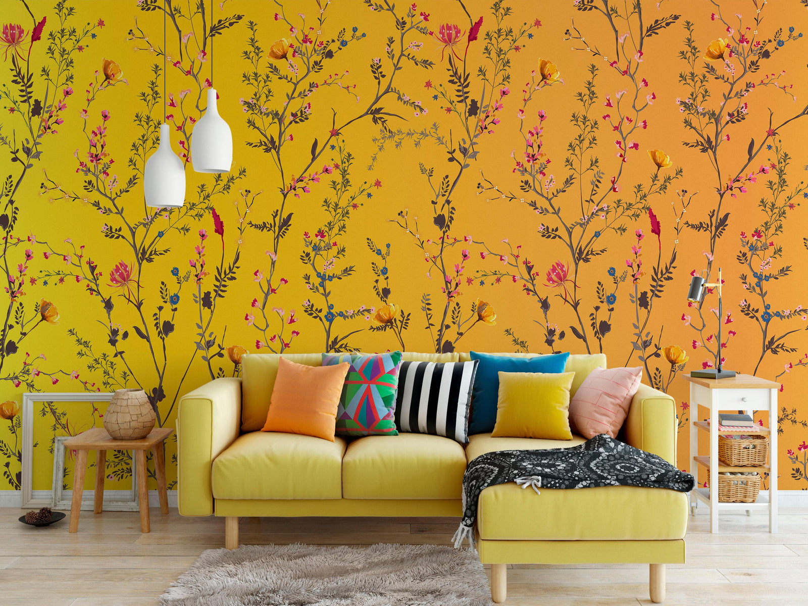 Mural de pared con jardín botánico de flores con fondo naranja amarillento. Decoración con flores en flor. #6355