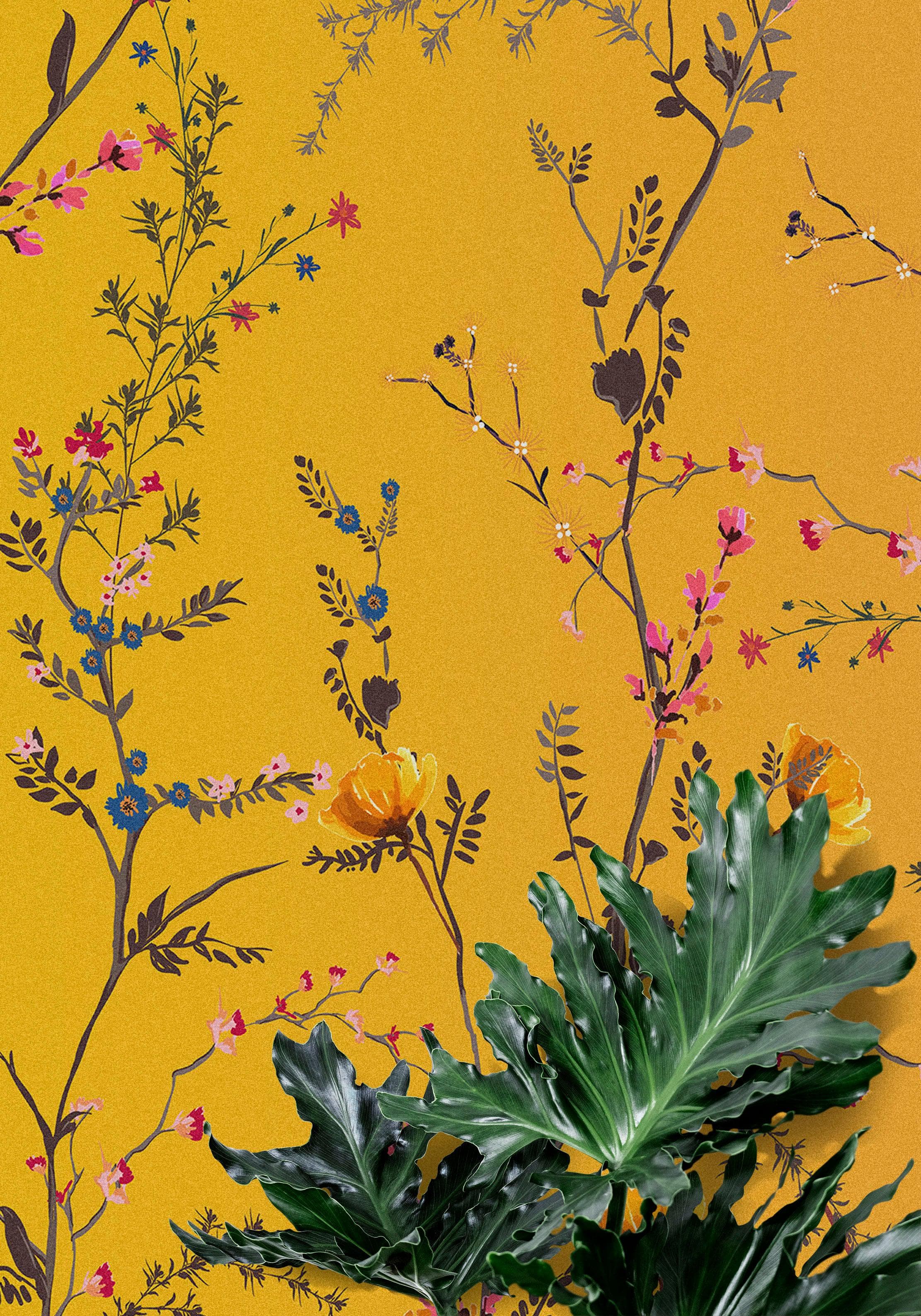Mural de pared con jardín botánico de flores con fondo naranja amarillento. Decoración con flores en flor. #6355
