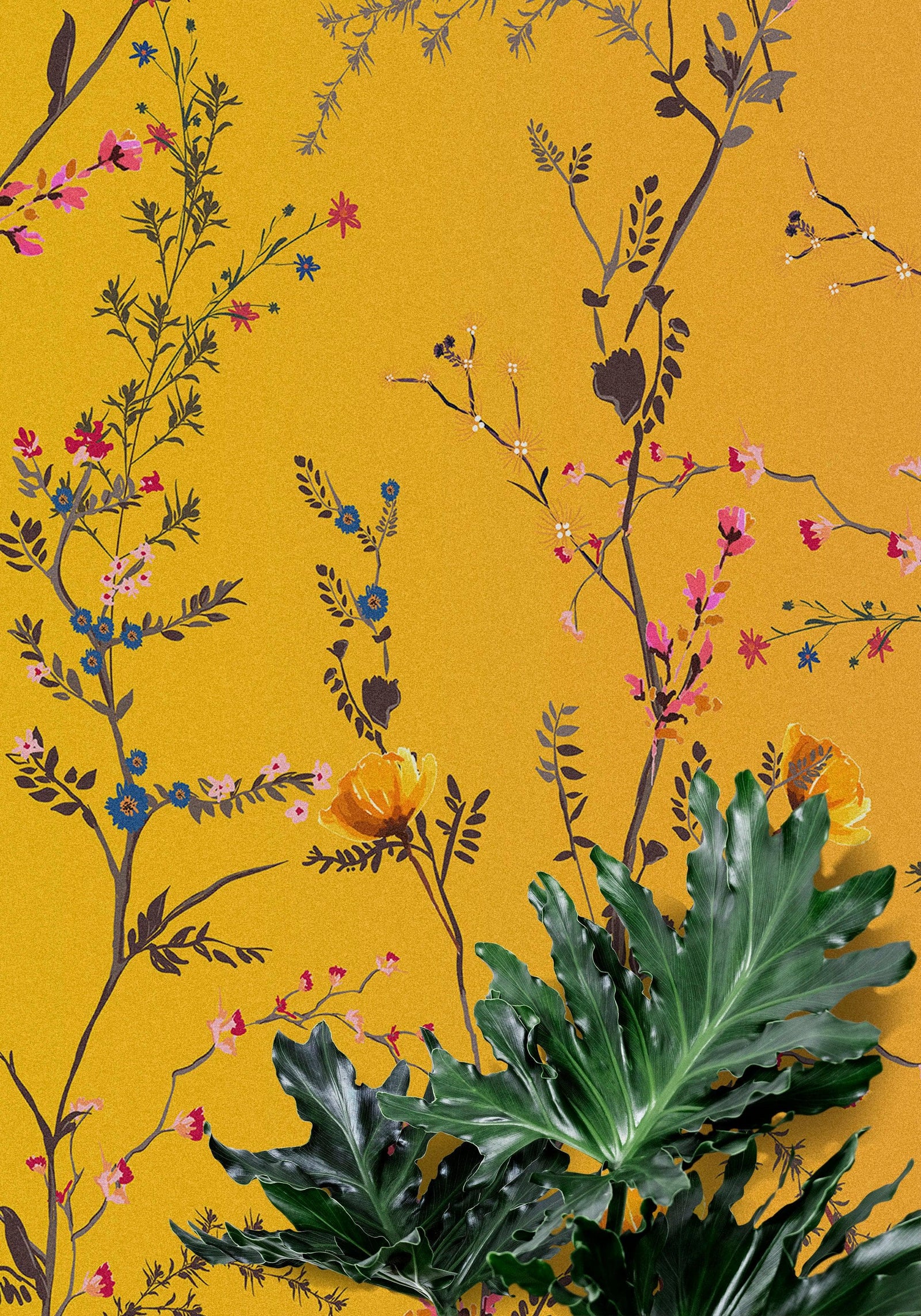Mural de pared con jardín botánico de flores con fondo naranja amarillento. Decoración con flores en flor. #6355