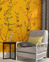 Mural de pared con jardín botánico de flores con fondo naranja amarillento. Decoración con flores en flor. #6355