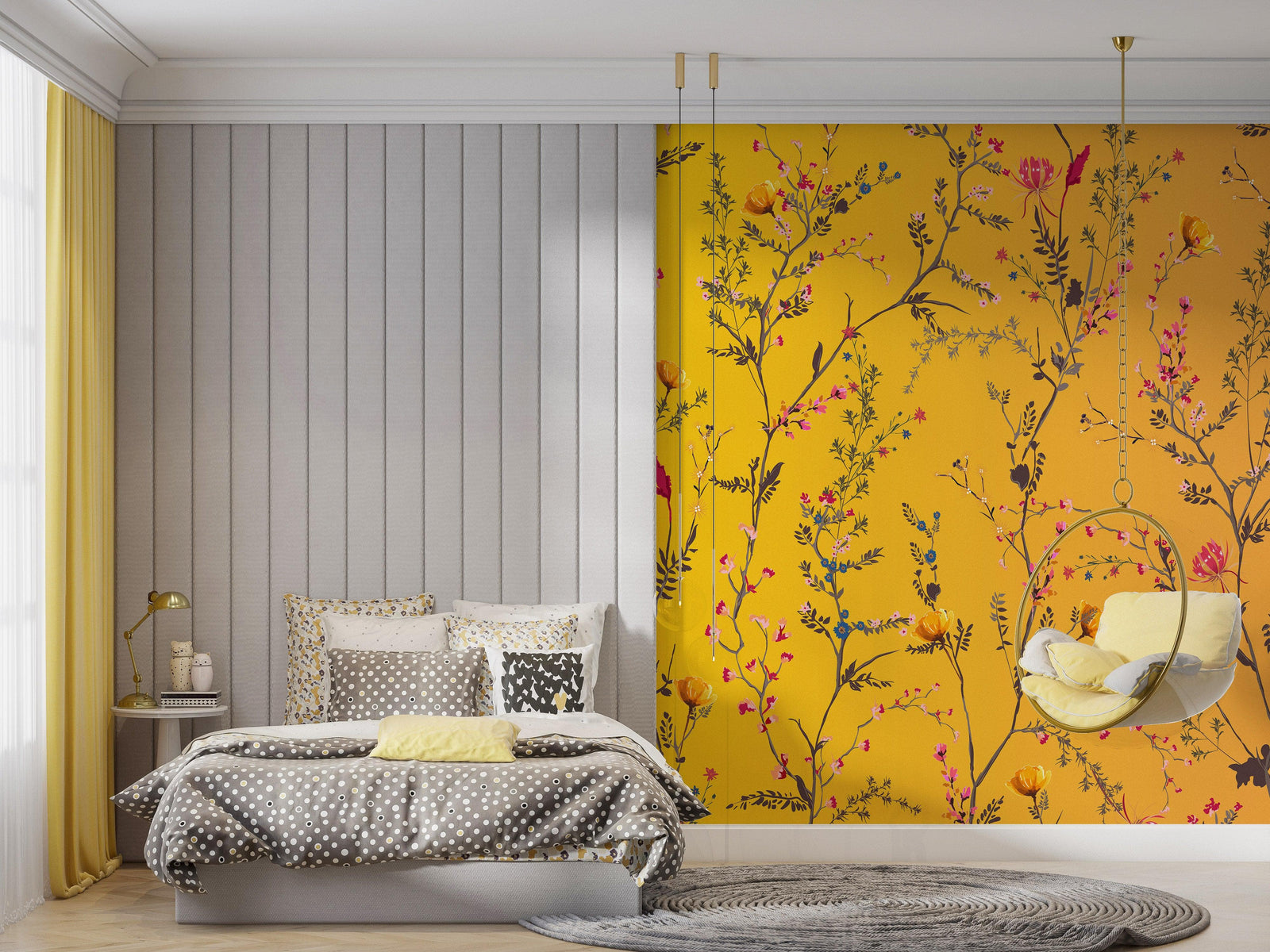 Mural de pared con jardín botánico de flores con fondo naranja amarillento. Decoración con flores en flor. #6355