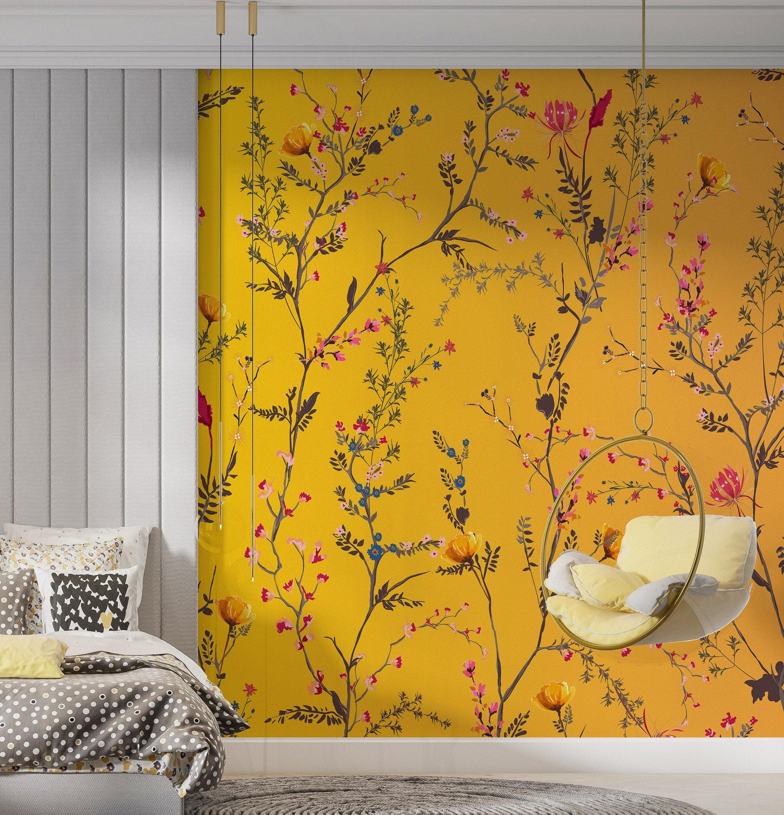 Mural de pared con jardín botánico de flores con fondo naranja amarillento. Decoración con flores en flor. #6355