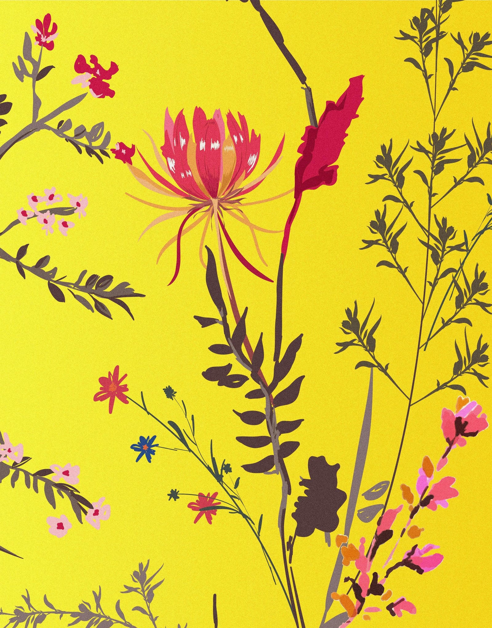 Mural de pared con jardín botánico de flores con fondo naranja amarillento. Decoración con flores en flor. #6355